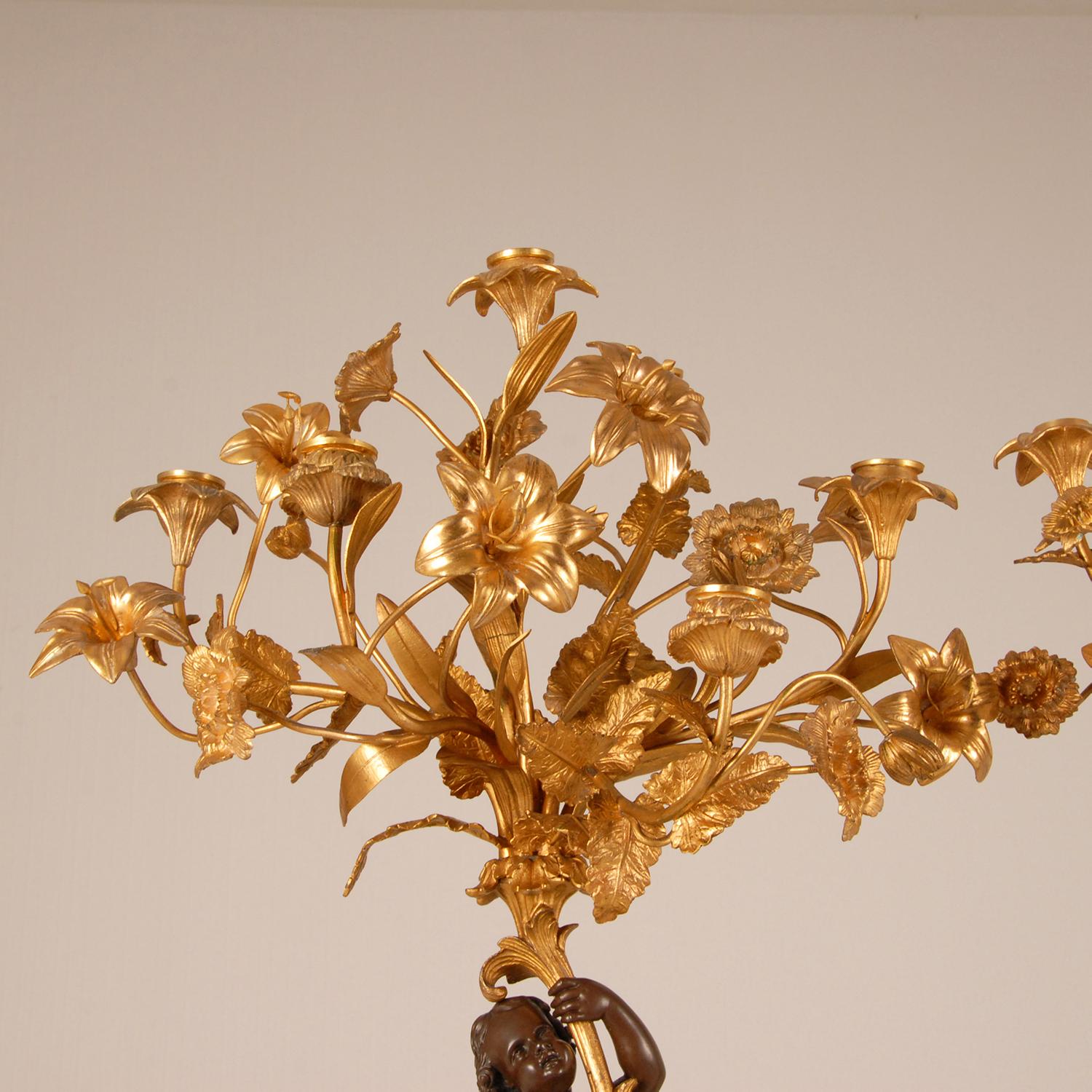 Victorian French Gold Gilded Bronze Putto and Flowers Candelabras on Marble Base 3