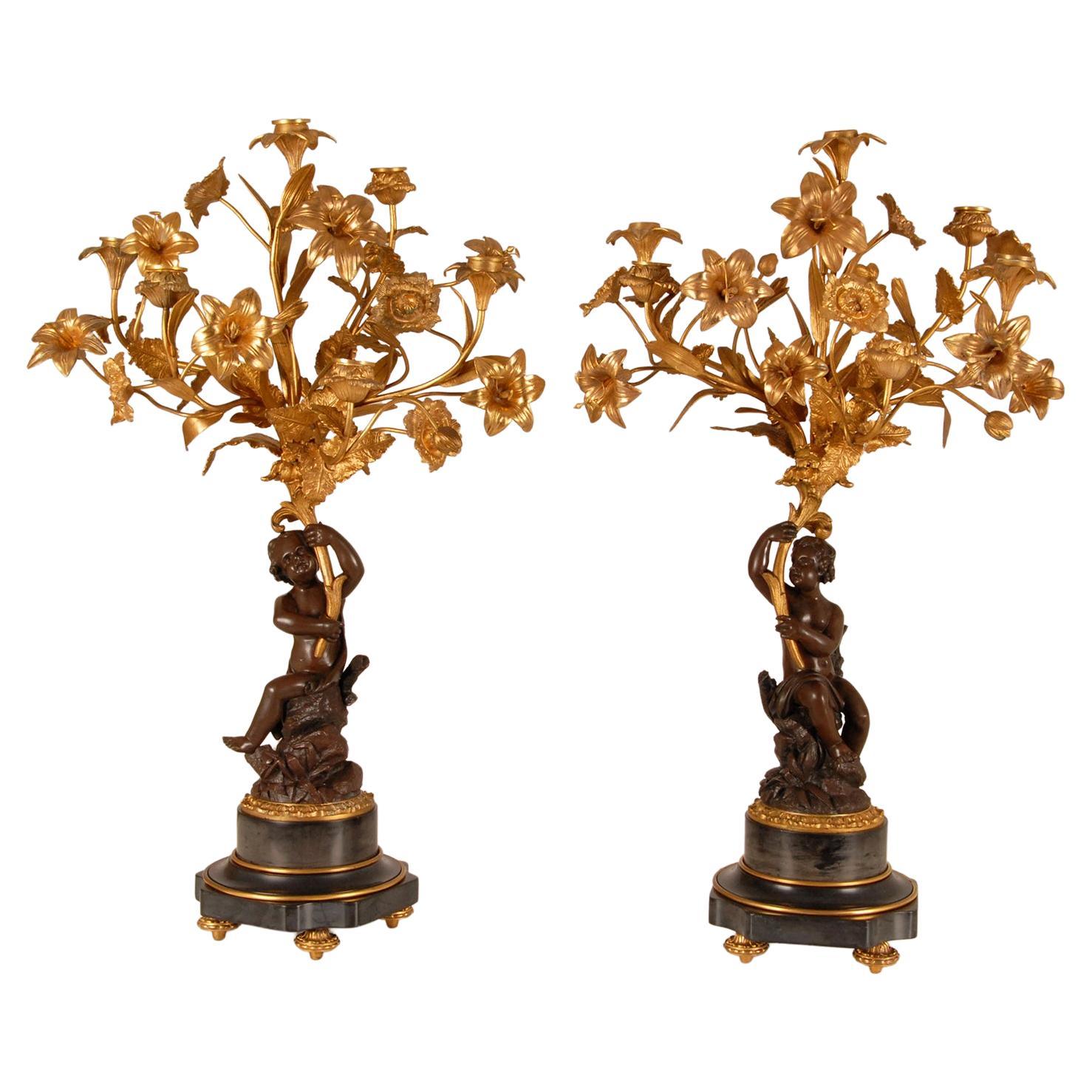 Victorian French Gold Gilded Bronze Putto and Flowers Candelabras on Marble Base For Sale