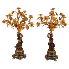 Victorian French Gold Gilded Bronze Putto and Flowers Candelabras on Marble Base