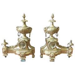 Paire de chenets français anciens en bronze à tête de bélier