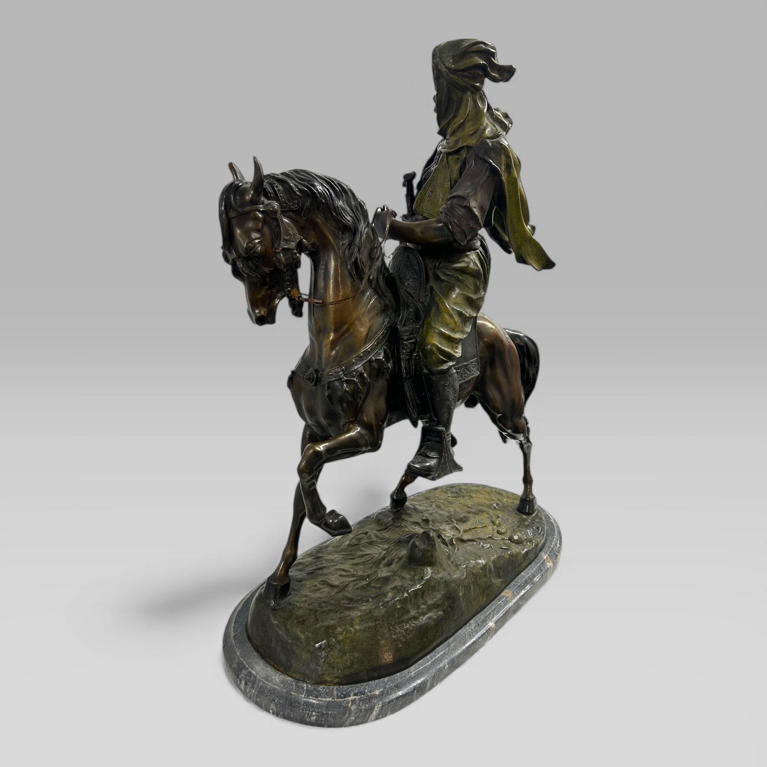 Antique French Bronze Sculpture Arab Horseman After Barye & Guillemin, 75 cm en venta 4