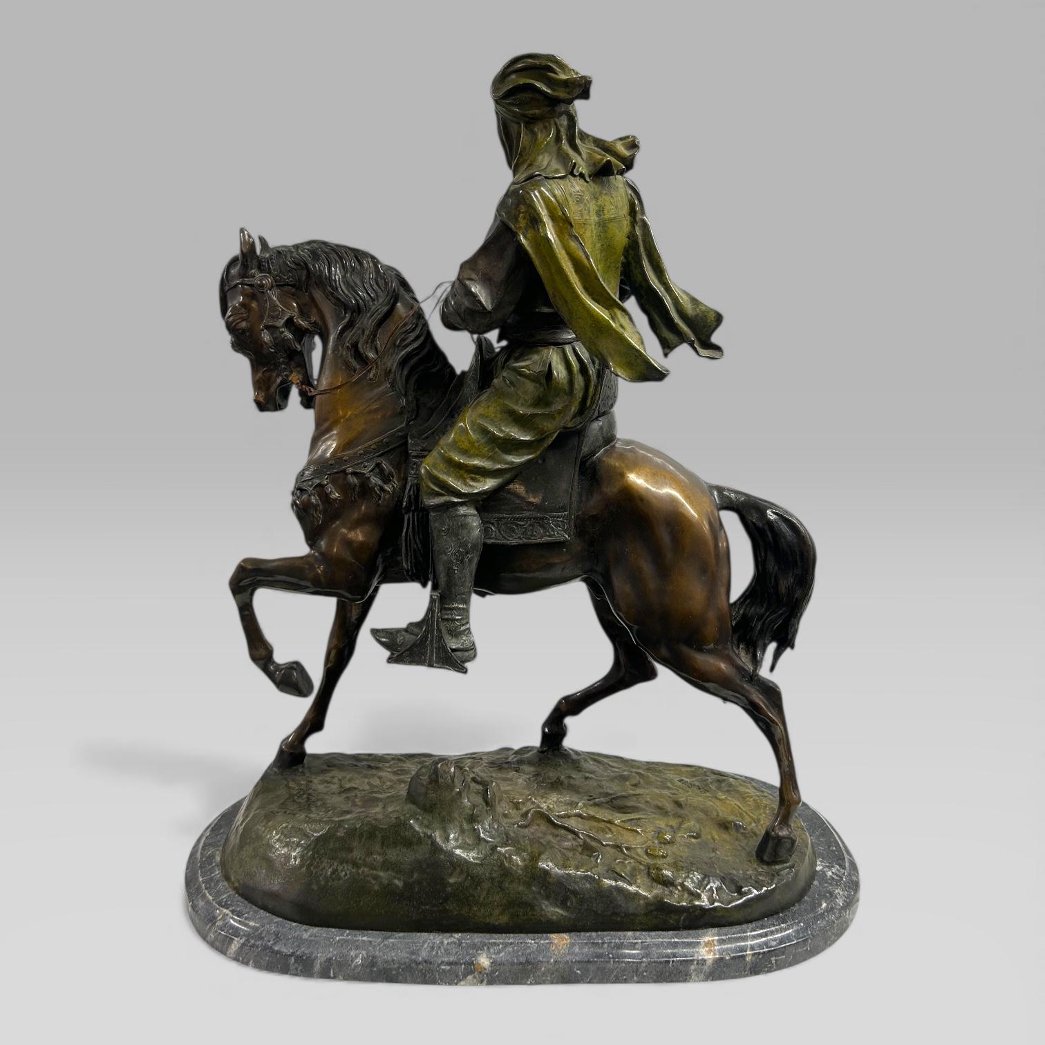 Antique French Bronze Sculpture Arab Horseman After Barye & Guillemin, 75 cm en venta 6