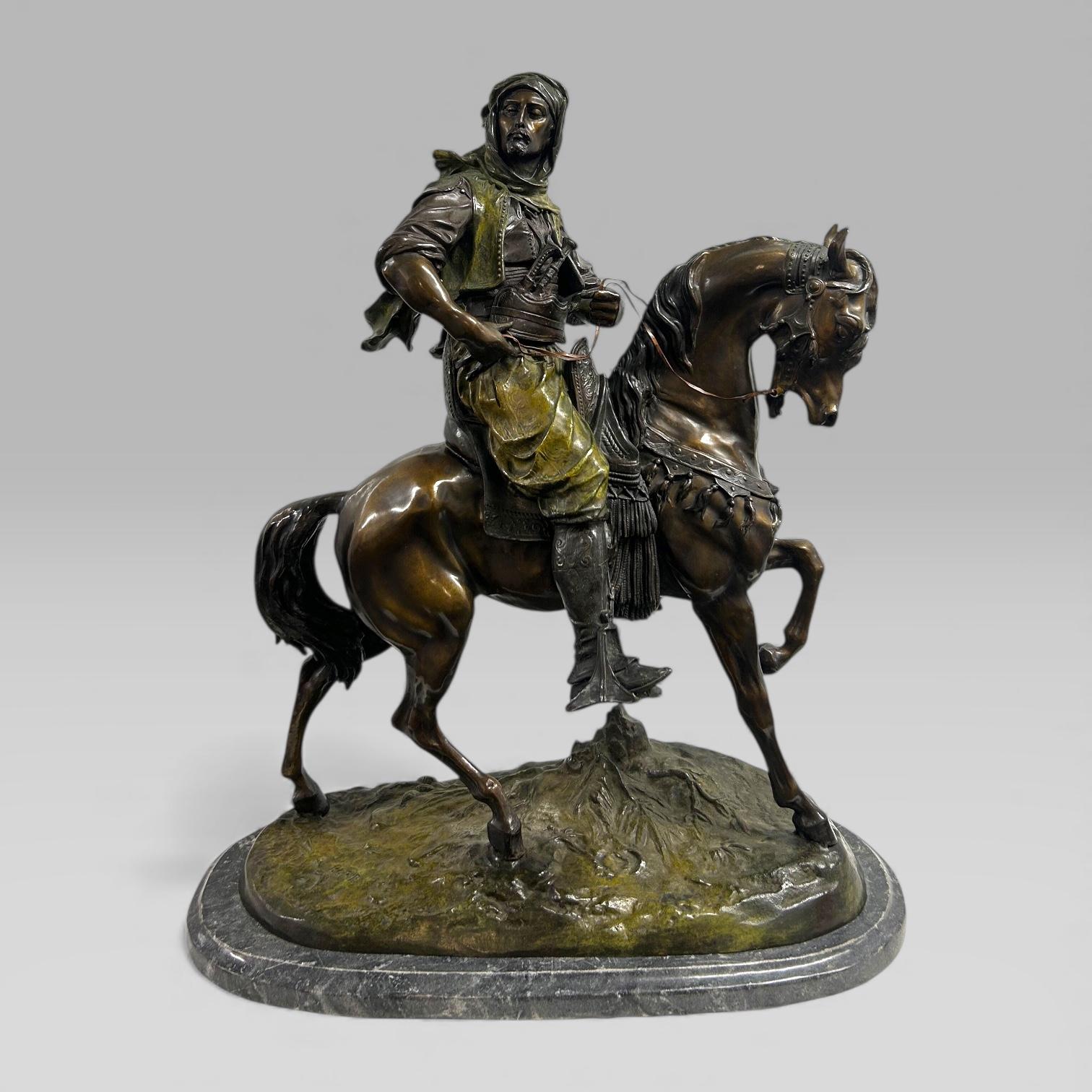 Antique French Bronze Sculpture Arab Horseman After Barye & Guillemin, 75 cm en venta 9