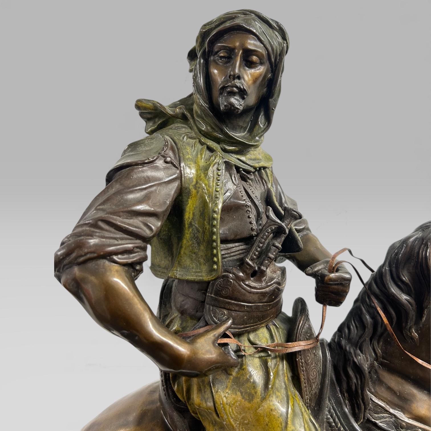 After Alfred Barye (French, 1795–1875) and after Émile-Corbin Guillemin, a bronze model of an Arab on horseback, mounted on a black marble plinth base, signed in the bronze and inscribed Barye to the base, 75 cm high.
 
This is a large French