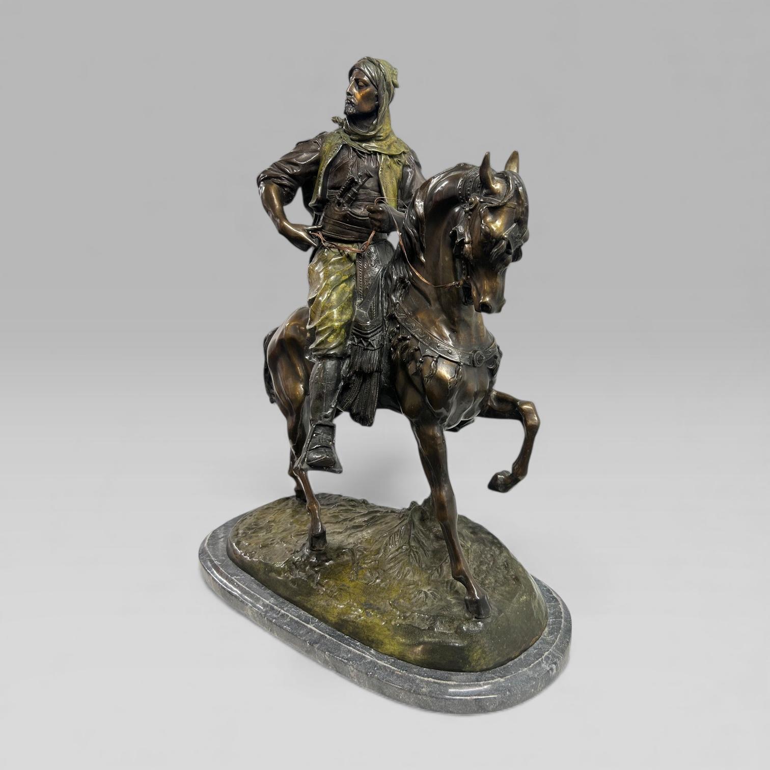 Antique French Bronze Sculpture Arab Horseman After Barye & Guillemin, 75 cm Belle Époque en venta