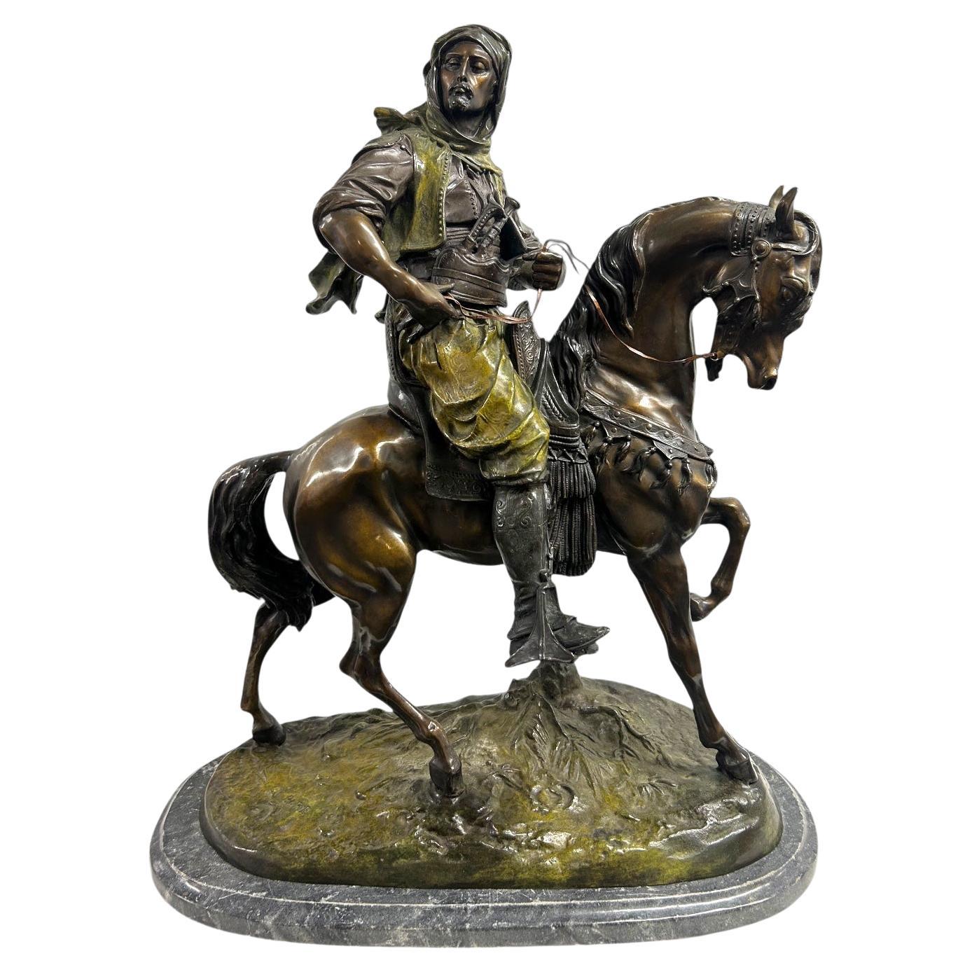 Antique French Bronze Sculpture Arab Horseman After Barye & Guillemin, 75 cm