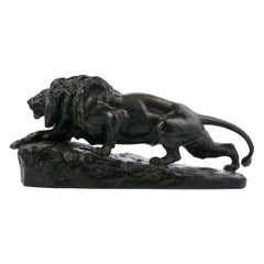 Sculpture française ancienne en bronze "Lion L'affut" par Isidore Jules Bonheur & Peyrol