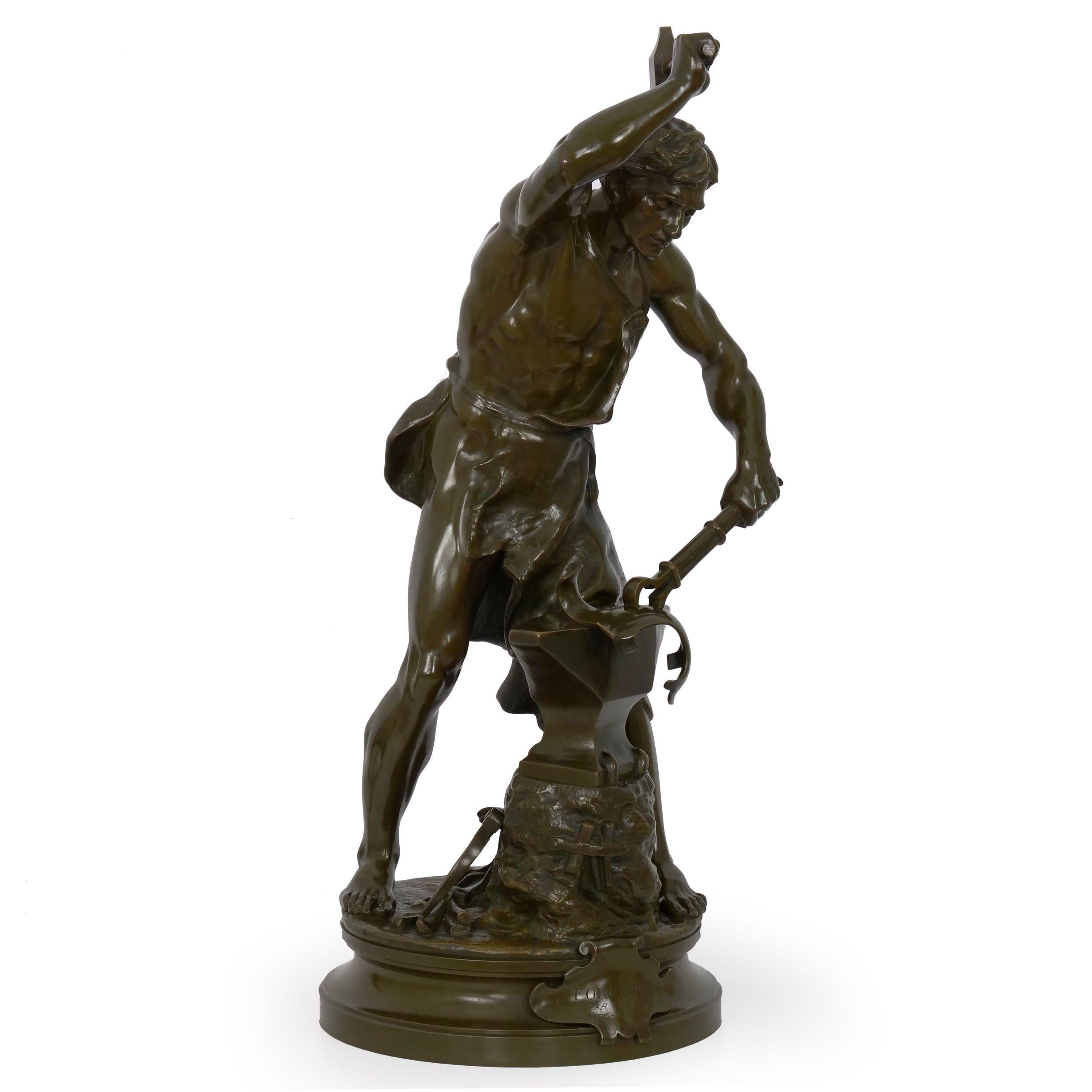 This is a Fine sculpture in bronze by Adrien Etienne Gaudez of a blacksmith laboring over his work, titled 