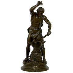 Sculpture française ancienne en bronze d'un forgeron par Adrien-Etienne Gaudez