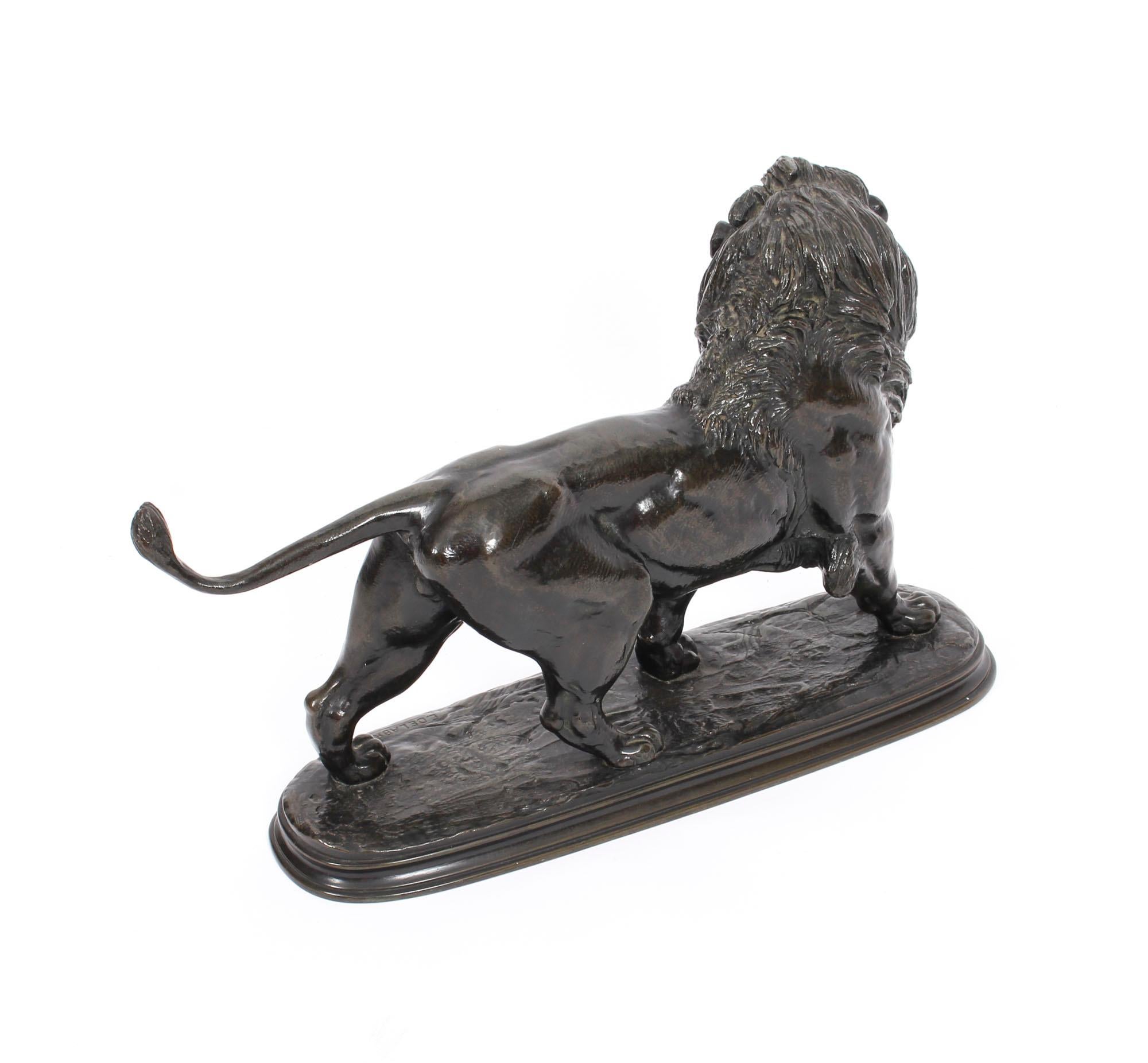 This is a truly magnificent antique French bronze sculpture of a pacing lion, by the noted French sculptor of the Animeliers school, Paul Edouard Delabrierre (1829–1912), circa 1870 in date.
 
This magnificent bronze sculpture features a striking