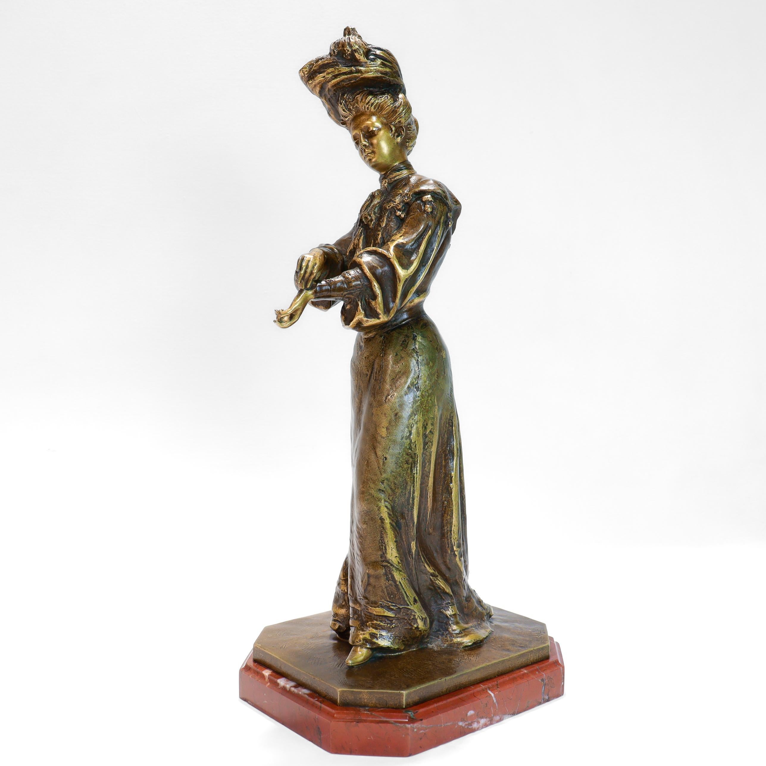 Gilt Antique French Bronze Sculpture of a Woman with Marble Plinth by Louis Lerolle For Sale