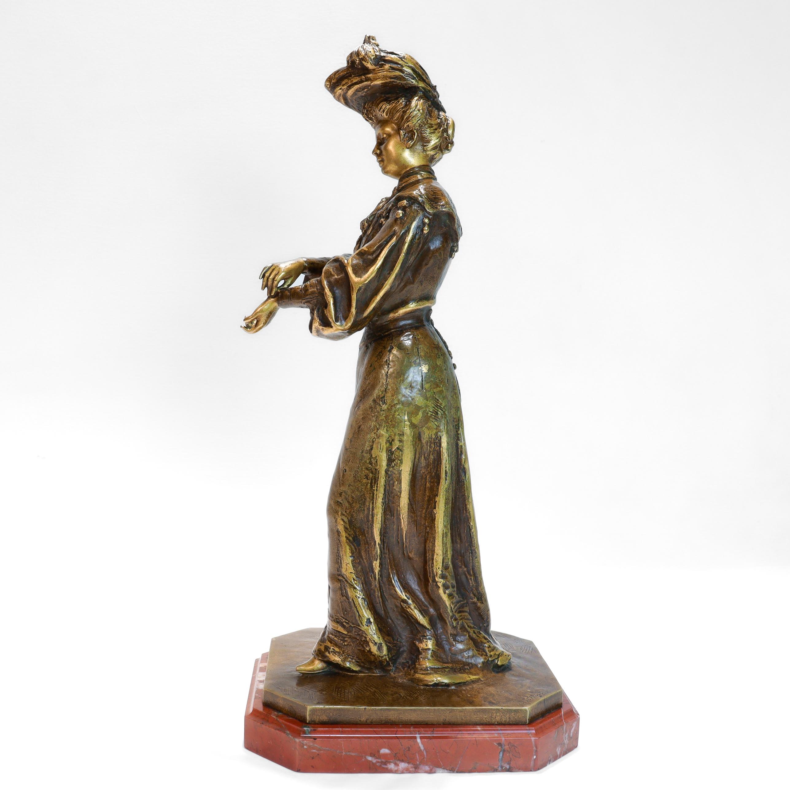 Antique French Bronze Sculpture of a Woman with Marble Plinth by Louis Lerolle In Good Condition For Sale In Philadelphia, PA