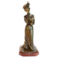 Antique French Escultura de bronce de una mujer con zócalo de mármol de Louis Lerolle