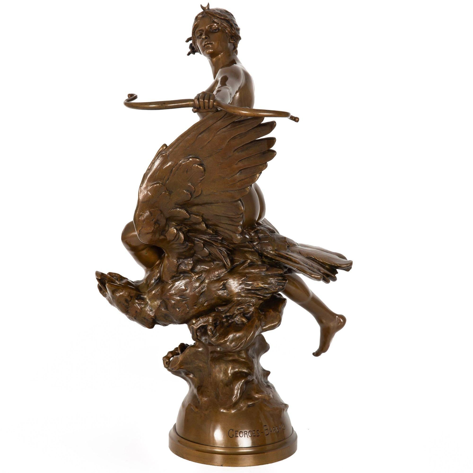Romantic Antique French Bronze Sculpture of “Diana Riding Eagle” by Georges Bareau