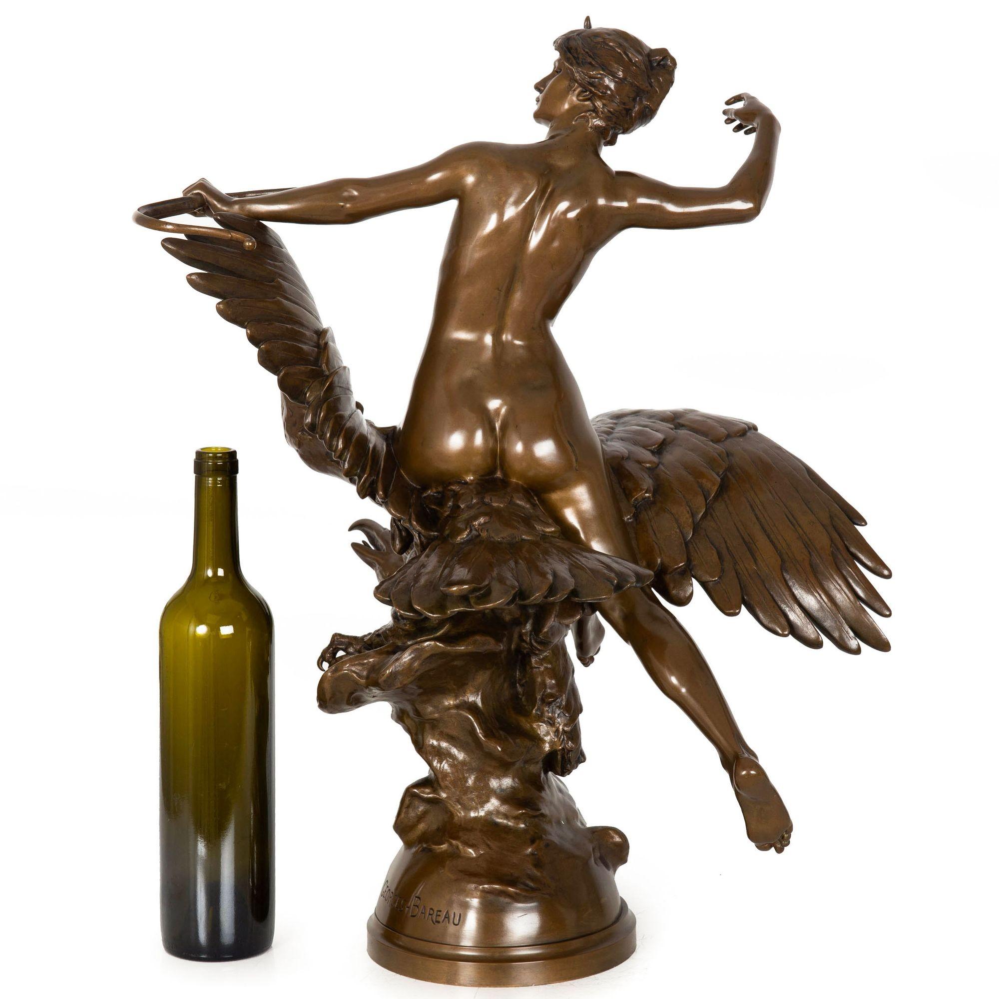 20th Century Antique French Bronze Sculpture of “Diana Riding Eagle” by Georges Bareau