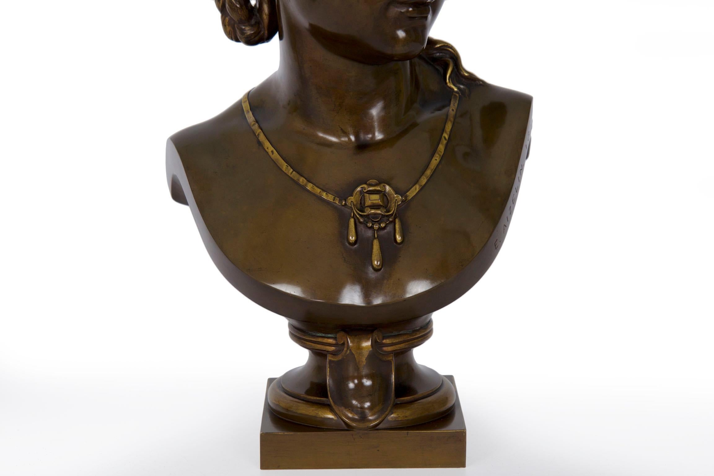Romantic Antique French Bronze Sculpture of Female Bust by Eugene Aizelin & F.Barbedienne