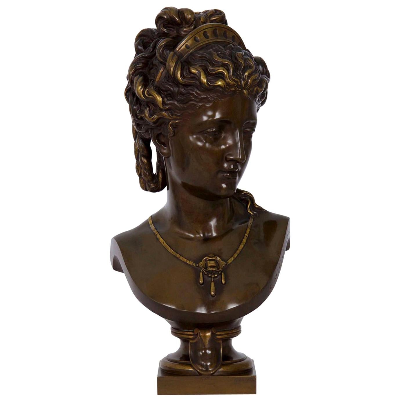 Antique French Bronze Sculpture of Female Bust by Eugene Aizelin & F.Barbedienne