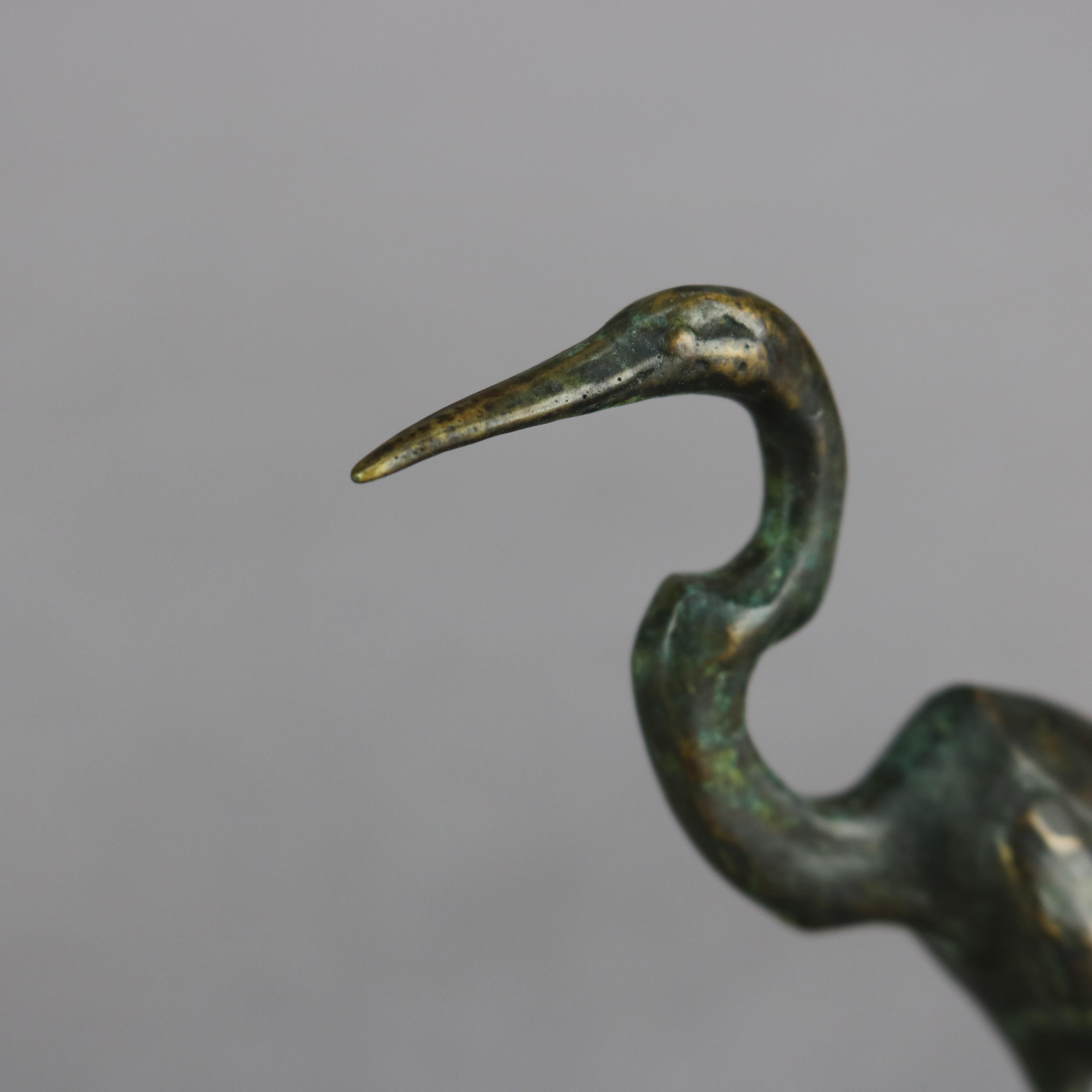 Cast Antique French Bronze Sculpture of Great Blue Heron in Marsh, Circa 1910