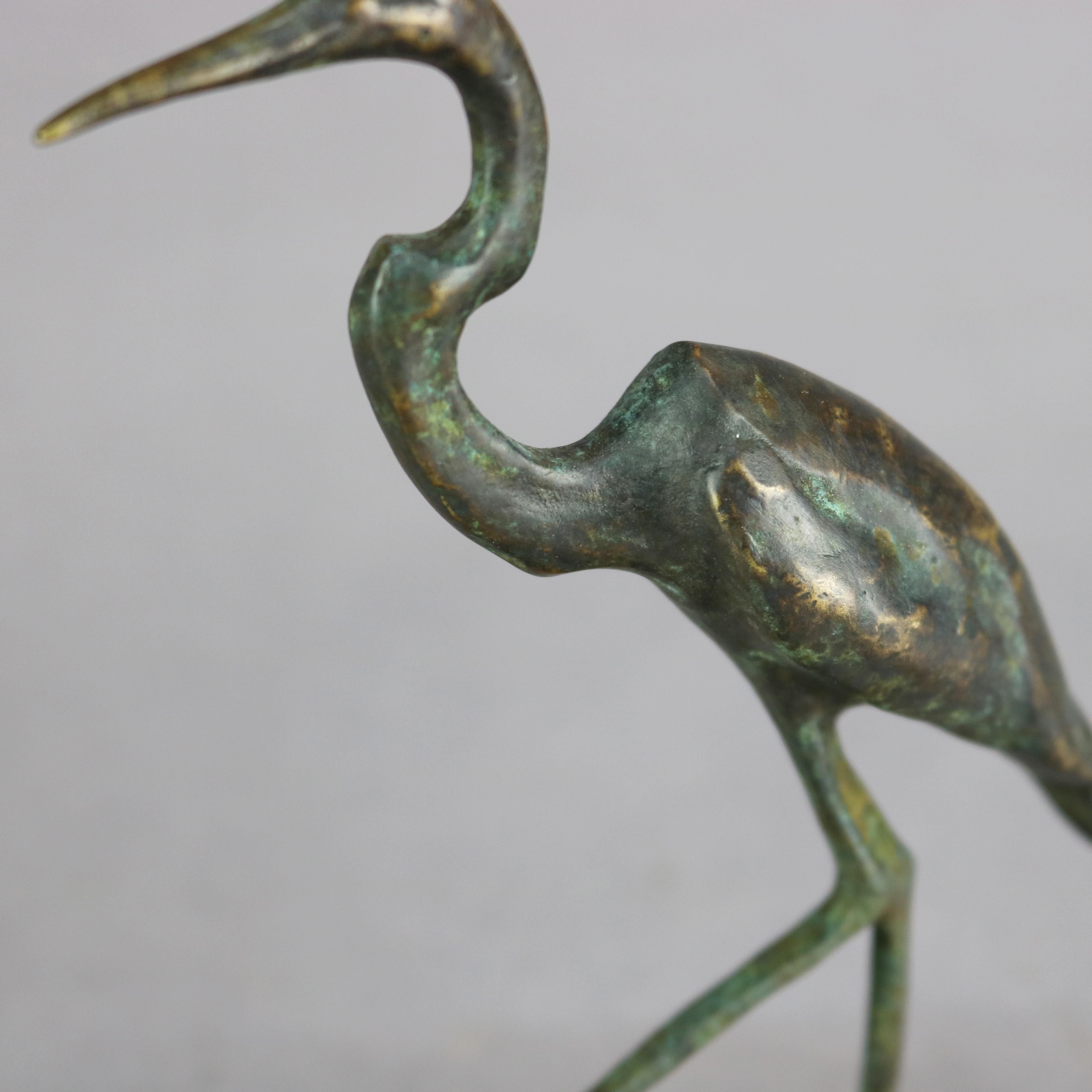 Antique French Bronze Sculpture of Great Blue Heron in Marsh, Circa 1910 In Good Condition In Big Flats, NY