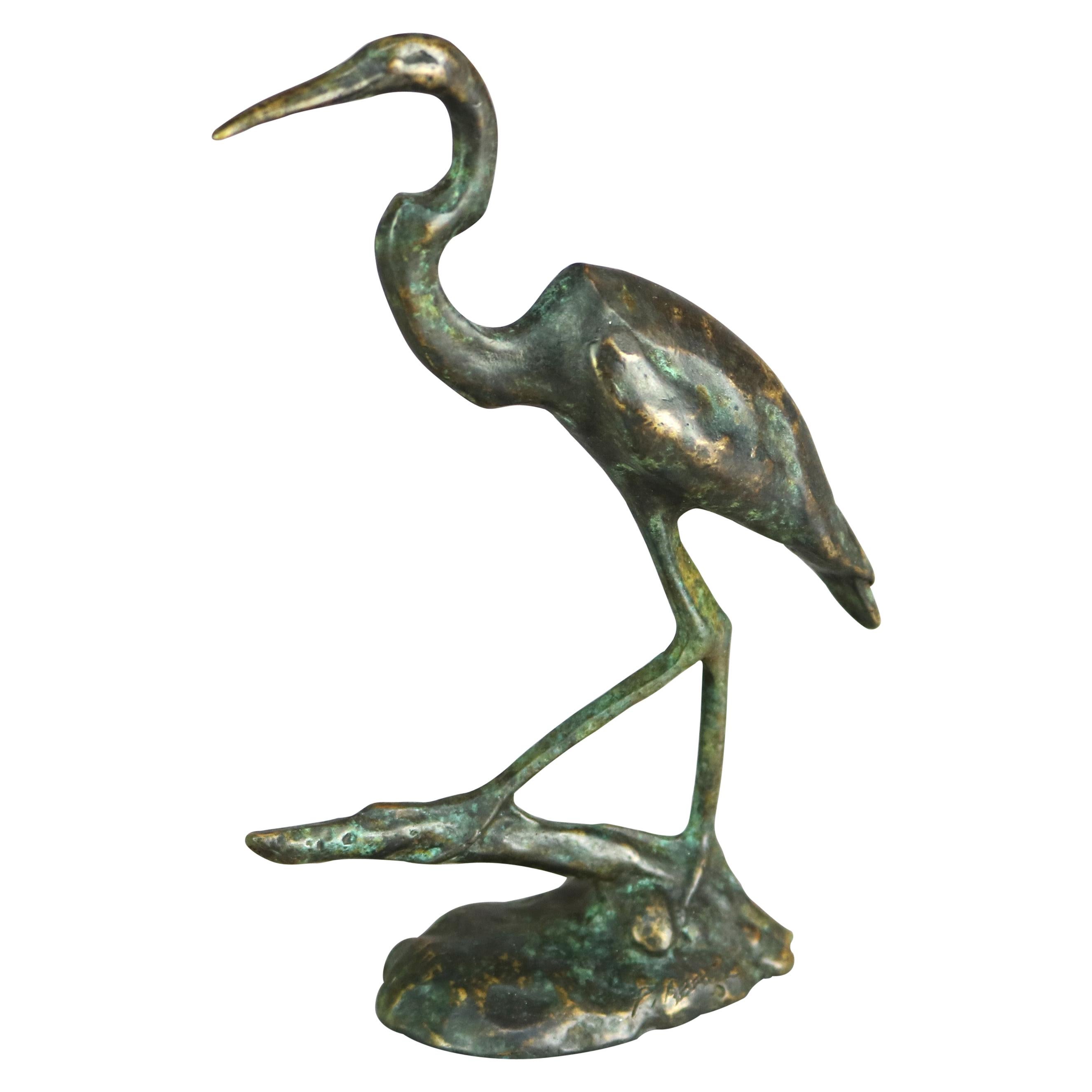 Antique French Bronze Sculpture of Great Blue Heron in Marsh, Circa 1910