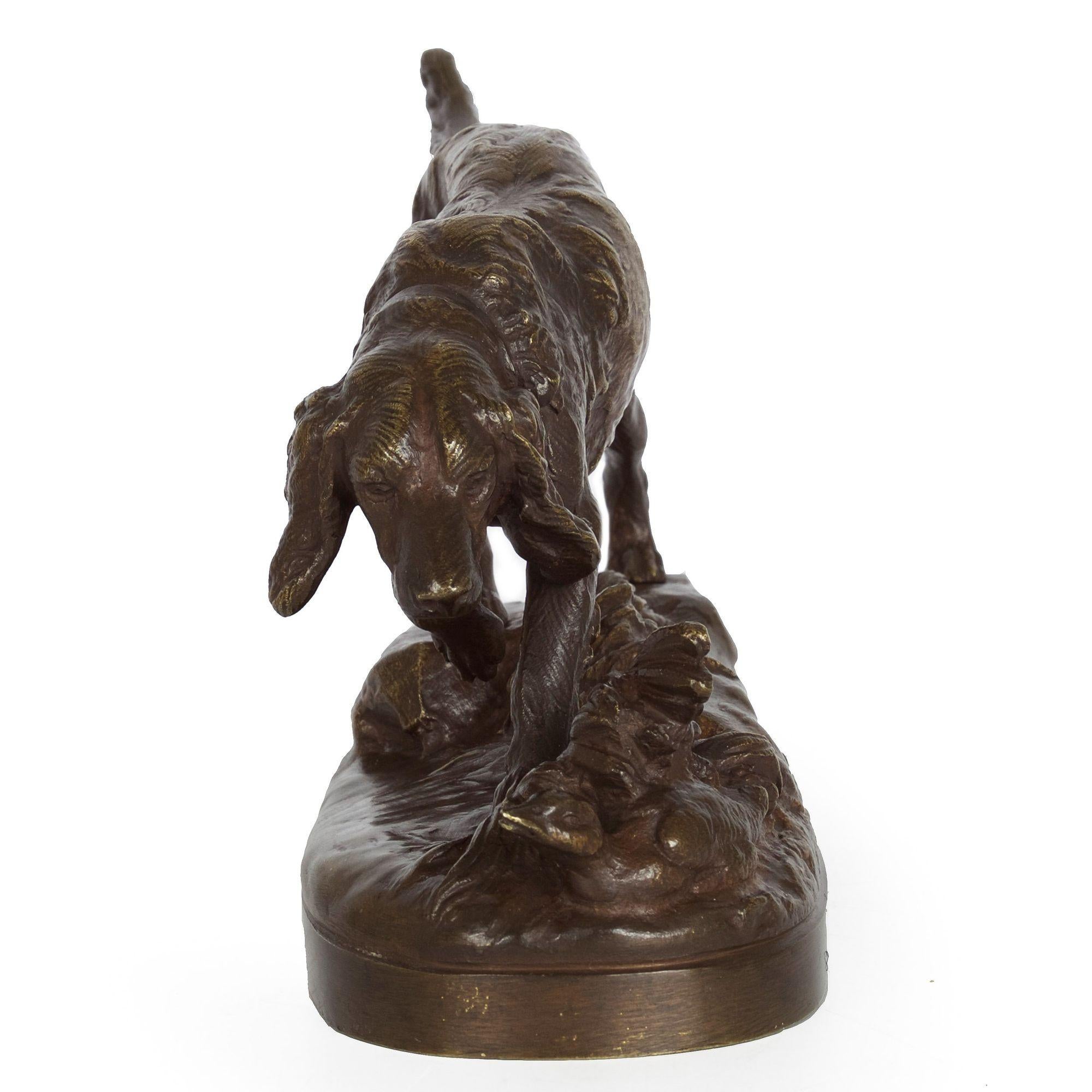 Romantique Sculpture française ancienne en bronze d'un chien de chasse d'après Prosper Lecourtier