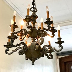 Antique French Bronze Twelve Arm Two-Tier Chandelier