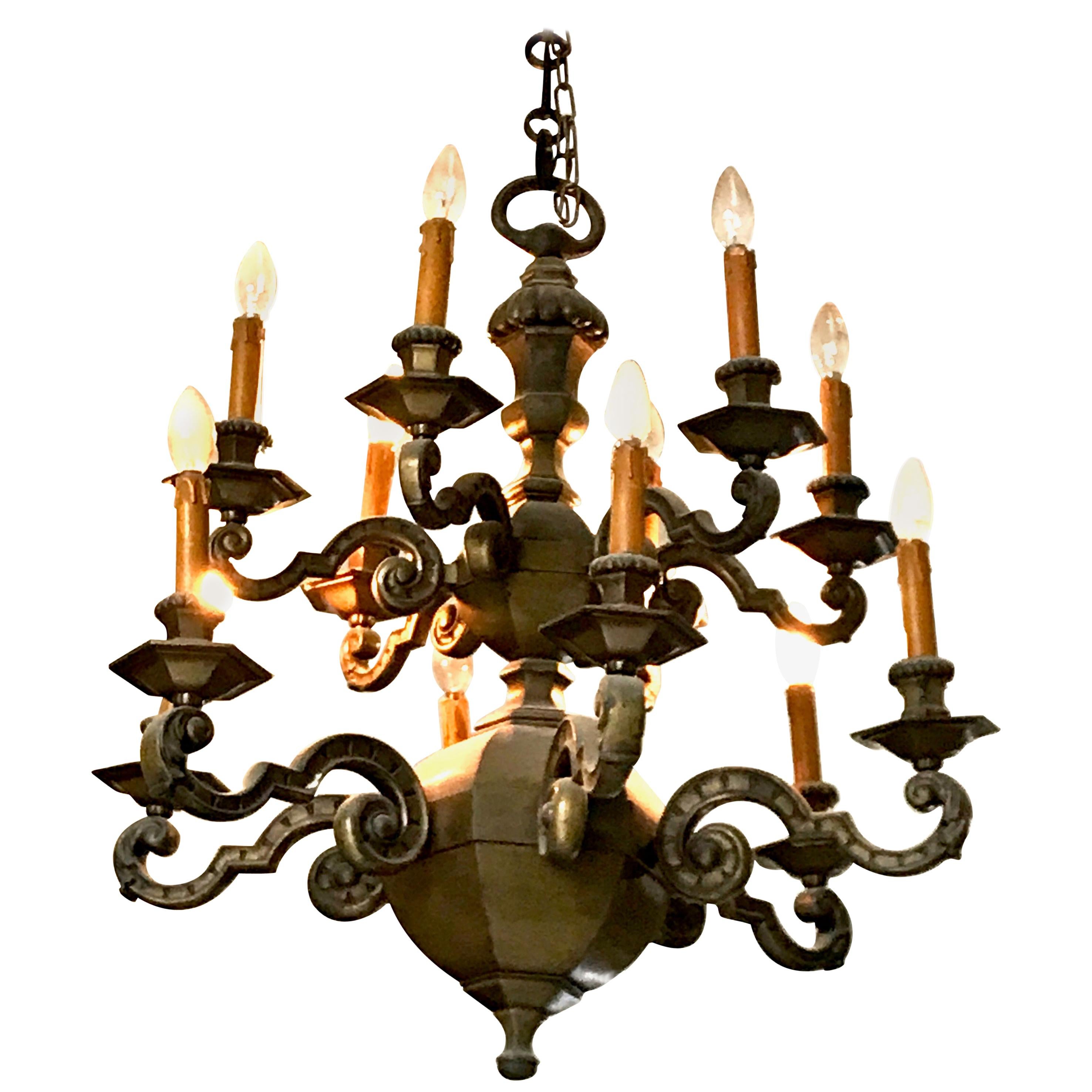 Antique French Bronze Twelve Arm Two-Tier Chandelier For Sale