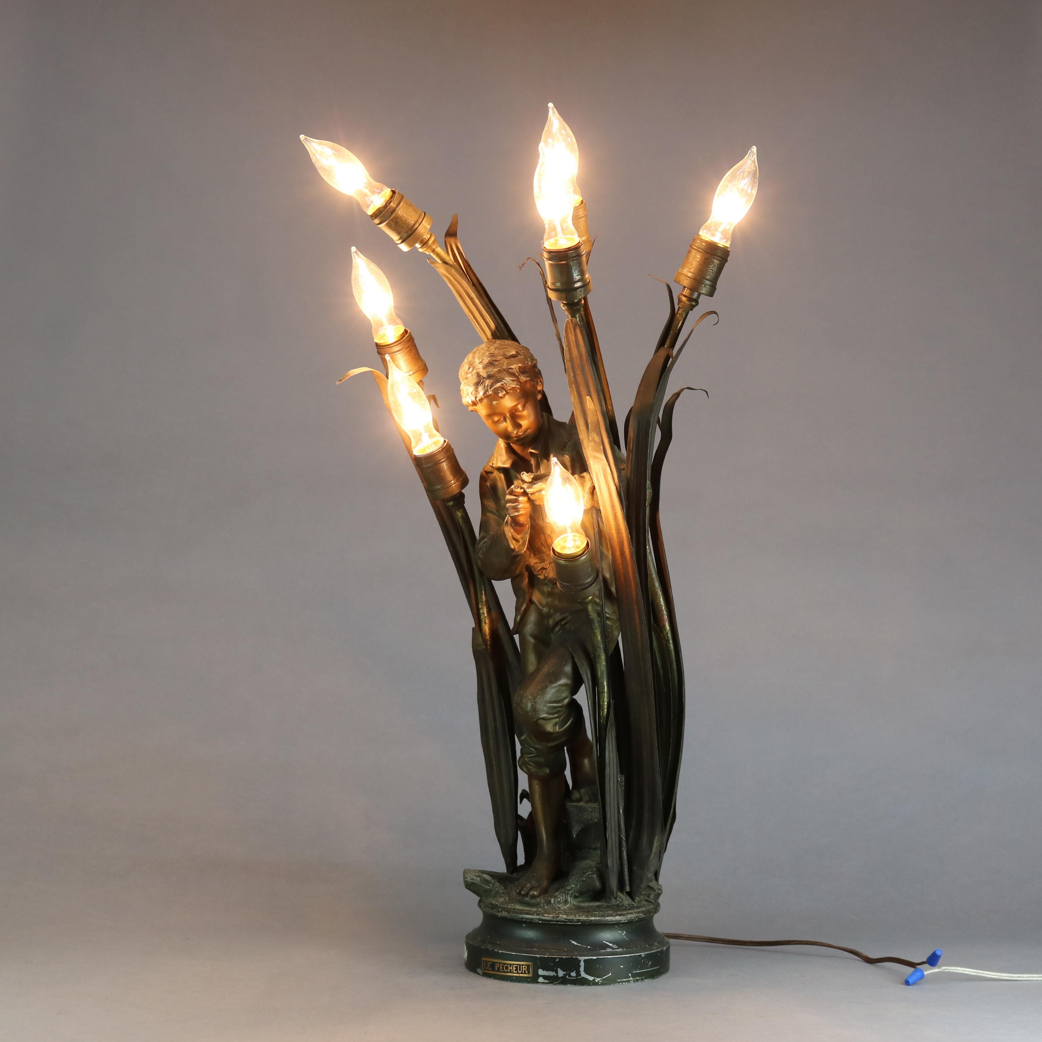 Antique French Bronzed Metal Figural 6-Light Newell Post Lamp, Le Pecheur, c1890 6