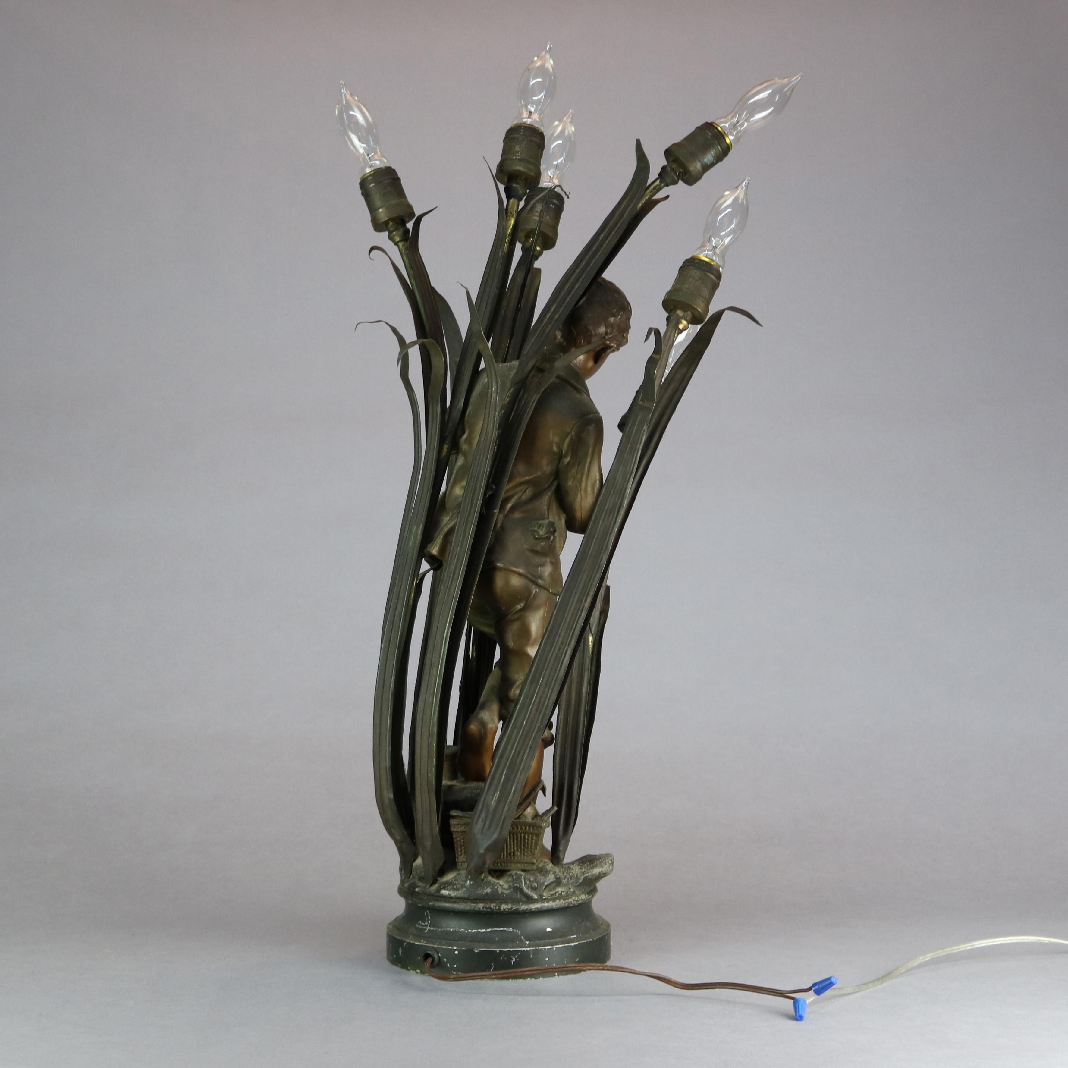 Antique French Bronzed Metal Figural 6-Light Newell Post Lamp, Le Pecheur, c1890 8