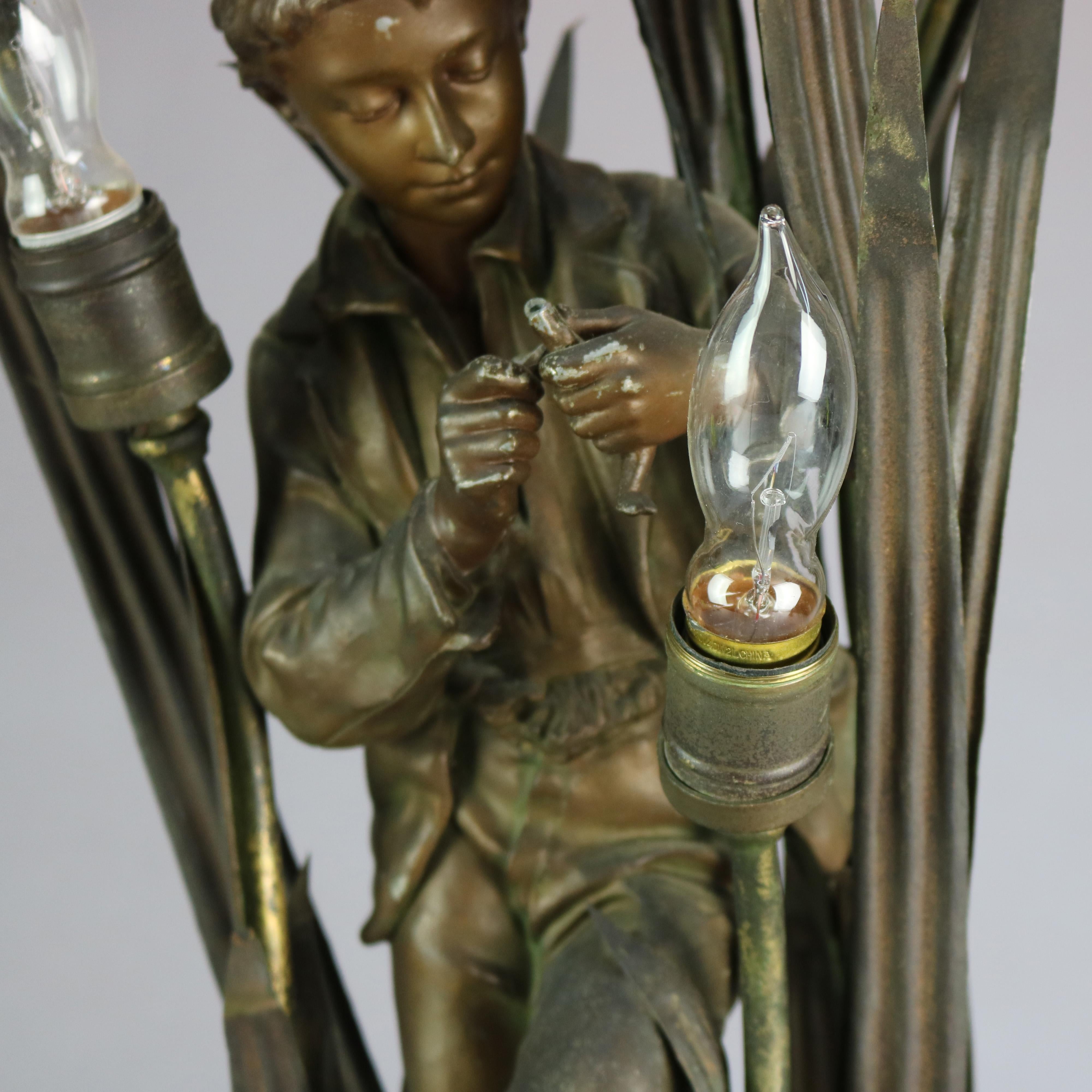 Antique French Bronzed Metal Figural 6-Light Newell Post Lamp, Le Pecheur, c1890 In Good Condition In Big Flats, NY