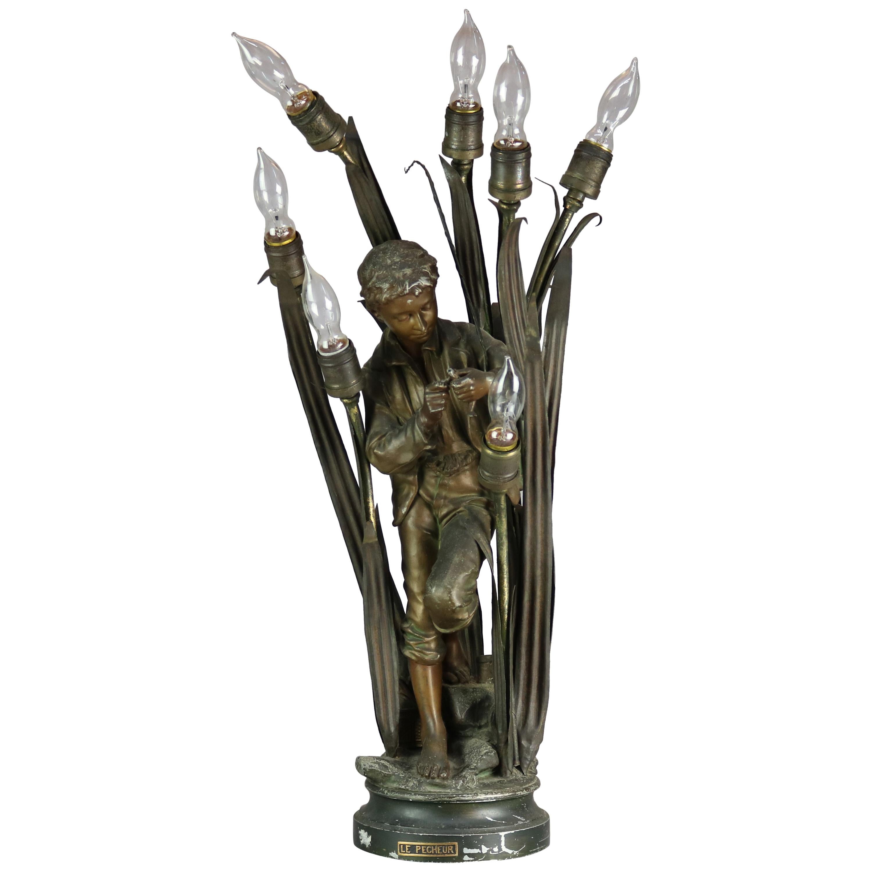 Antique French Bronzed Metal Figural 6-Light Newell Post Lamp, Le Pecheur, c1890