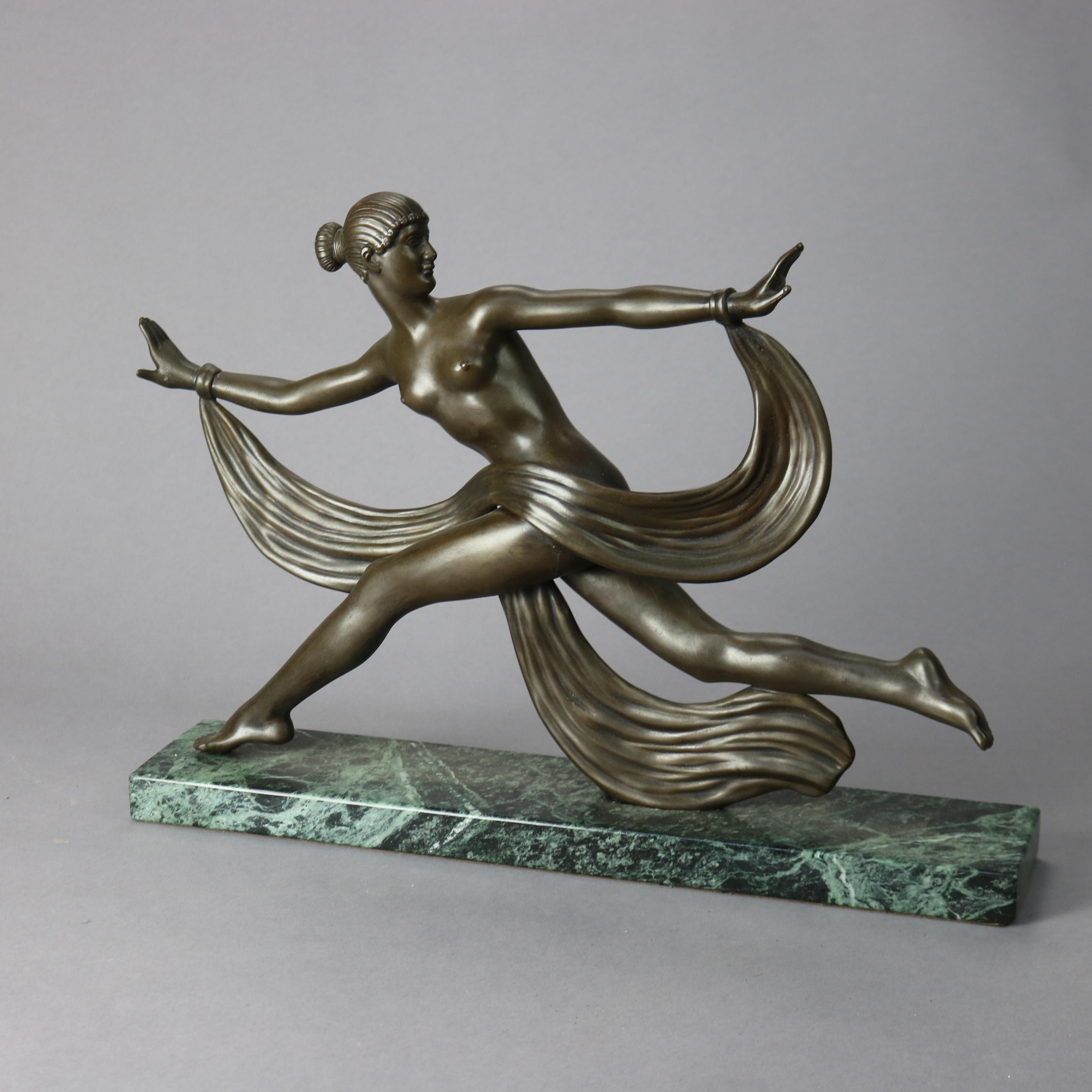 A French figurative sculpture by Buynee offers bronzed cast metal figure of a dancing woman, seated on marble plinth, 19th century.

 