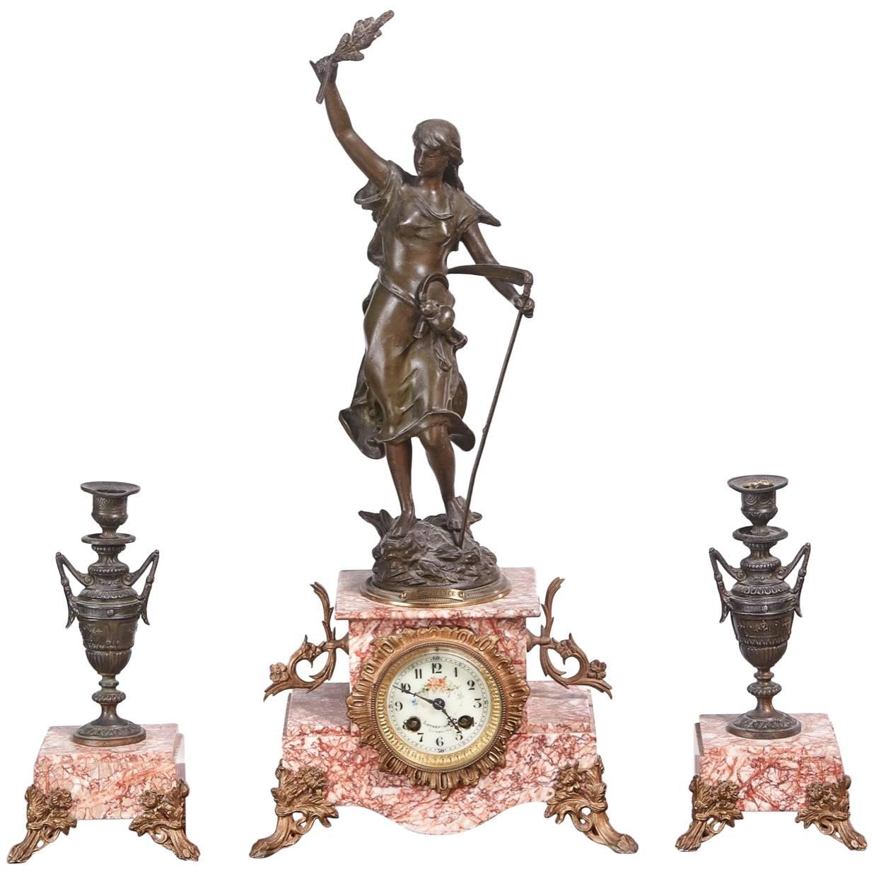 Antique French Bronzed Spelter and Pink Marble Clock Garniture