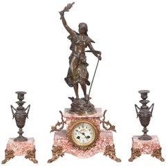 Antique French Bronzed Spelter and Pink Marble Clock Garniture