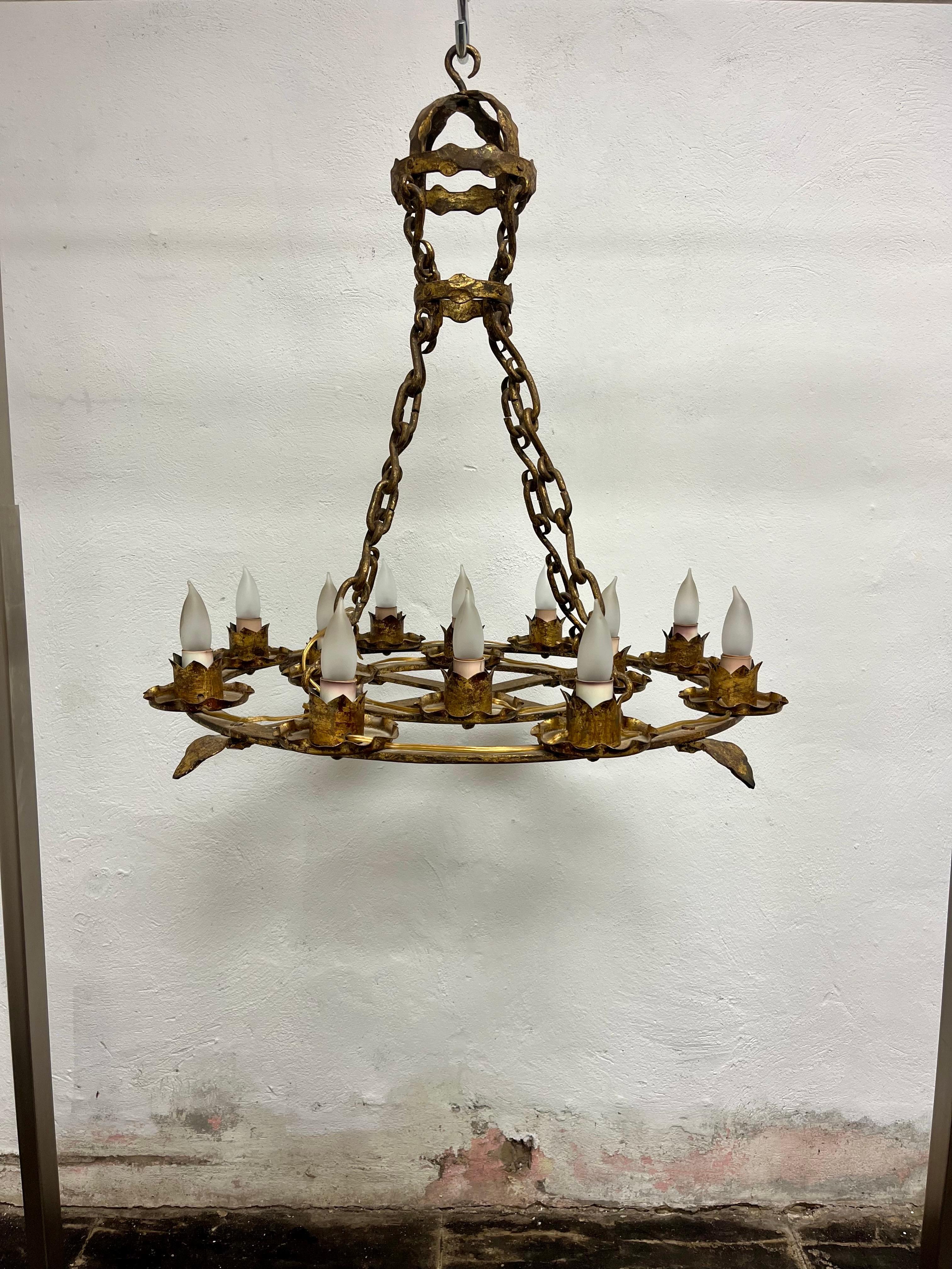 Unknown Antique French Brutalist Gilt Forged Iron 12-Light Chandeliers For Sale