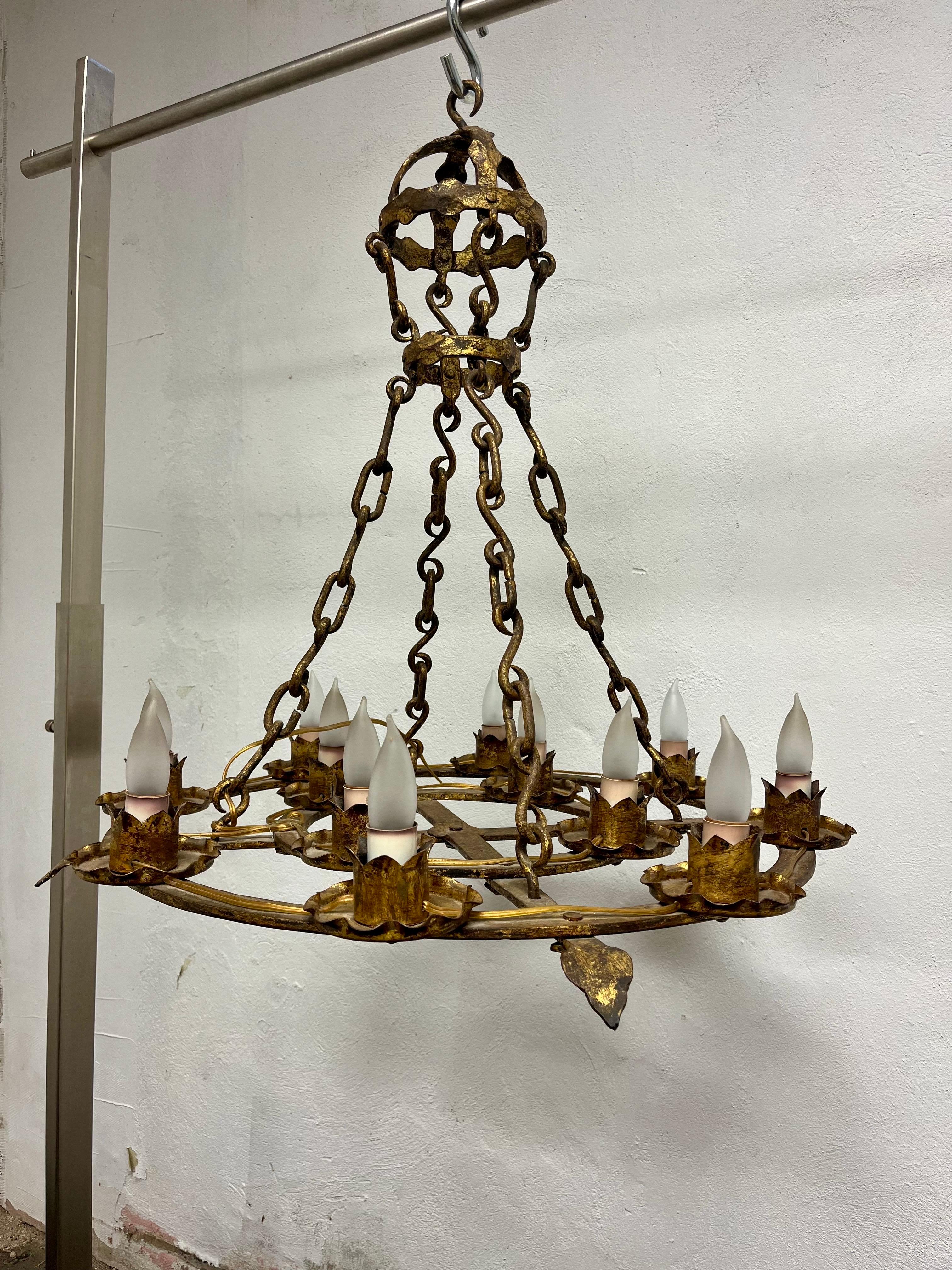 Antique French Brutalist Gilt Forged Iron 12-Light Chandeliers In Good Condition For Sale In W Allenhurst, NJ
