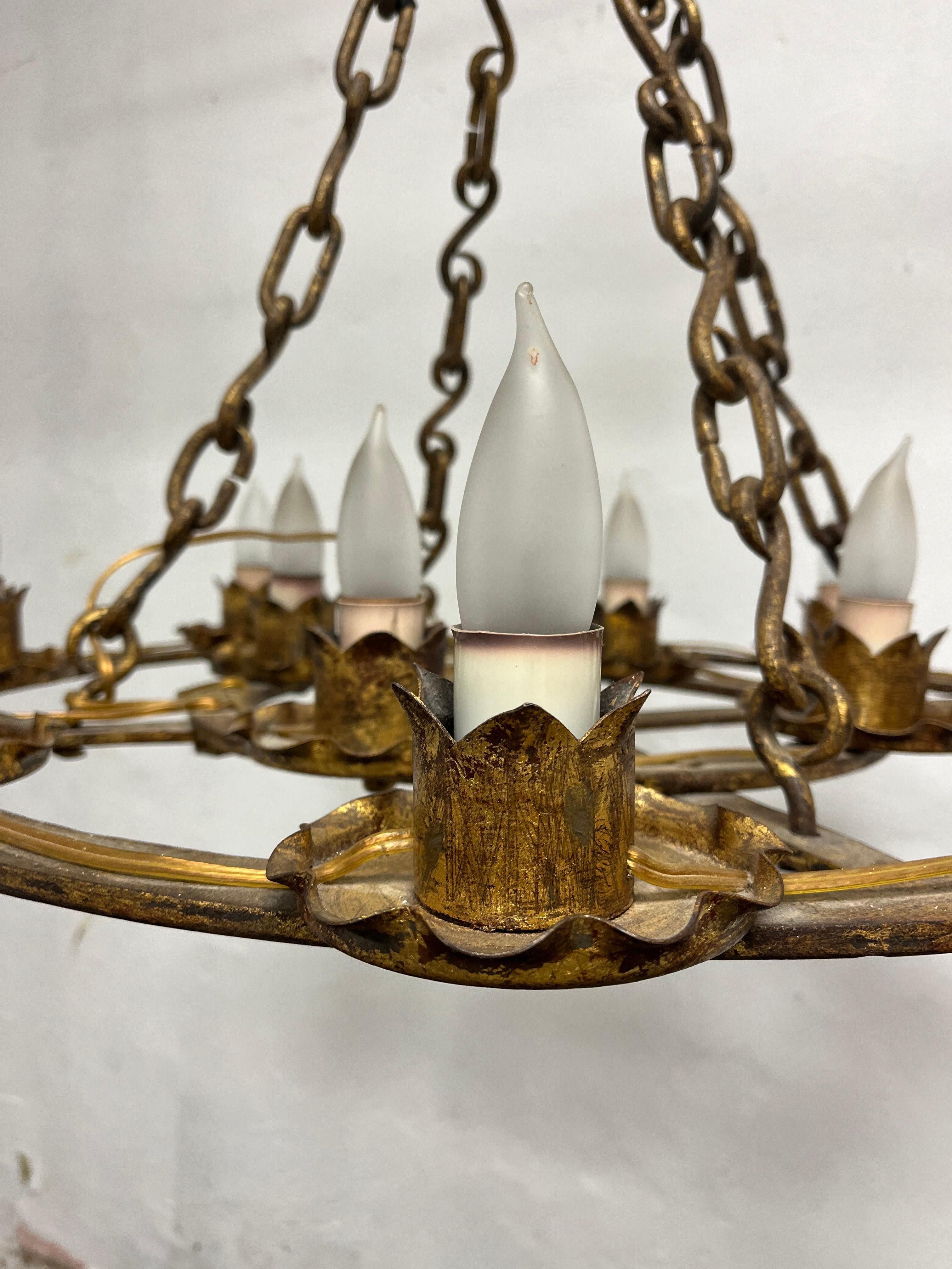 20th Century Antique French Brutalist Gilt Forged Iron 12-Light Chandeliers For Sale