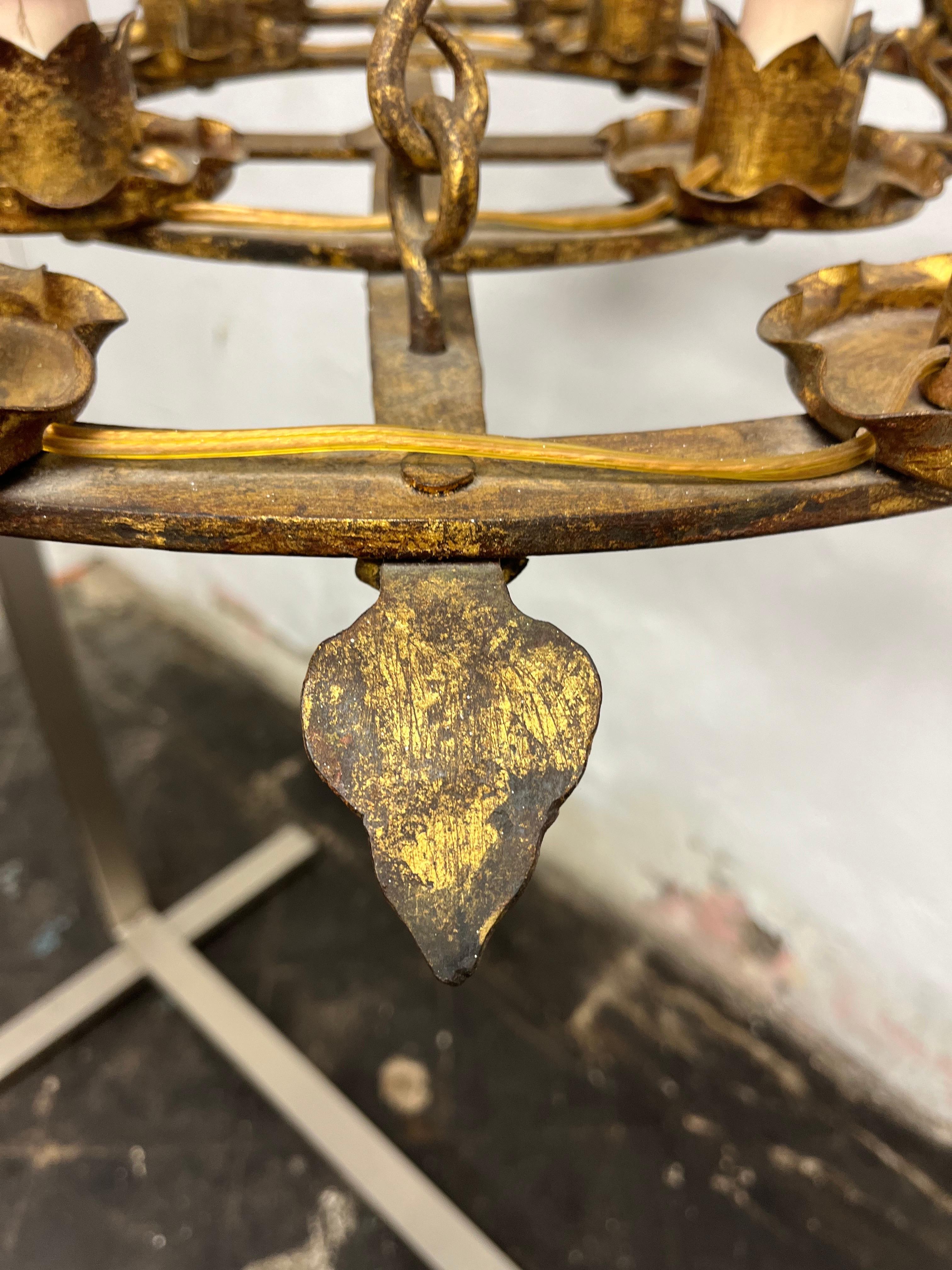 Antique French Brutalist Gilt Forged Iron 12-Light Chandeliers For Sale 1