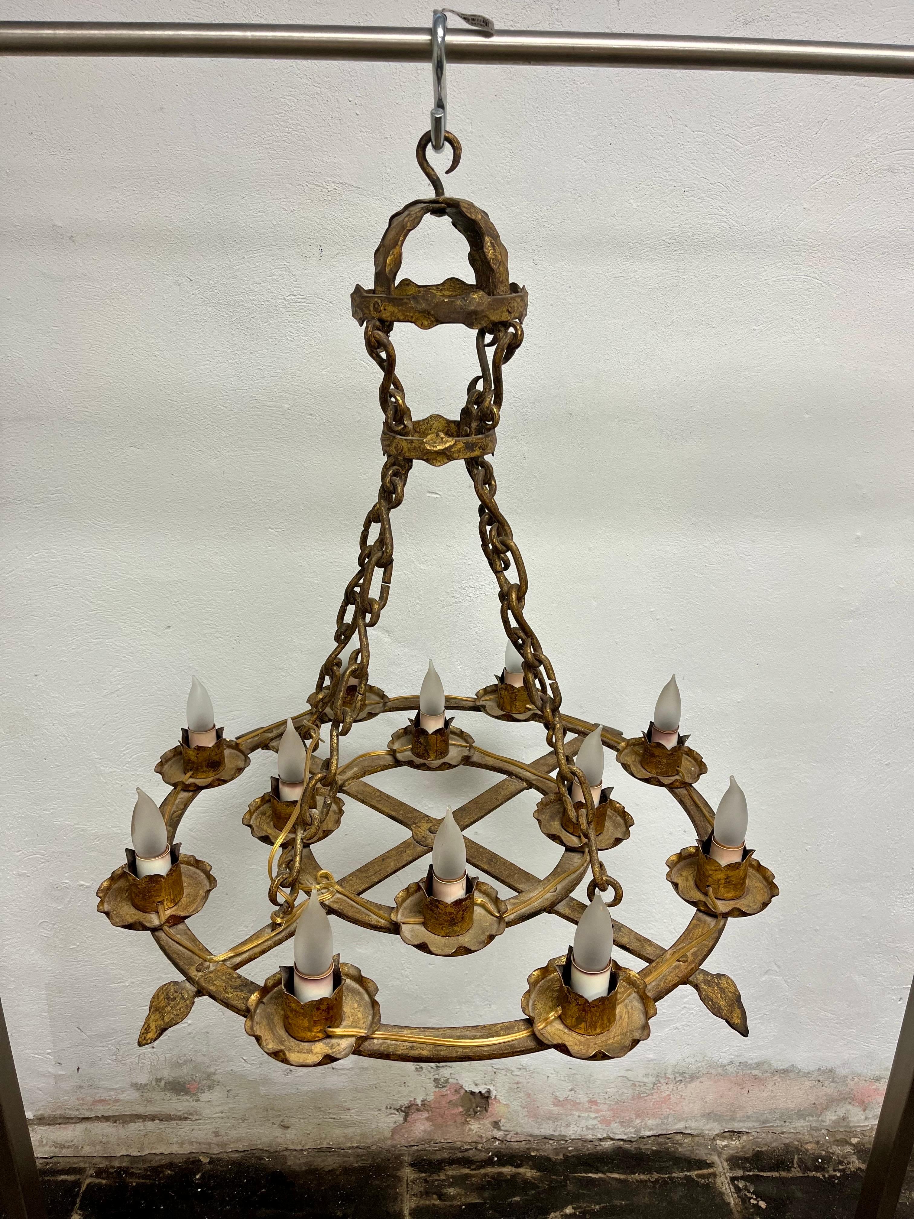 Antique French Brutalist Gilt Forged Iron 12-Light Chandeliers For Sale 3
