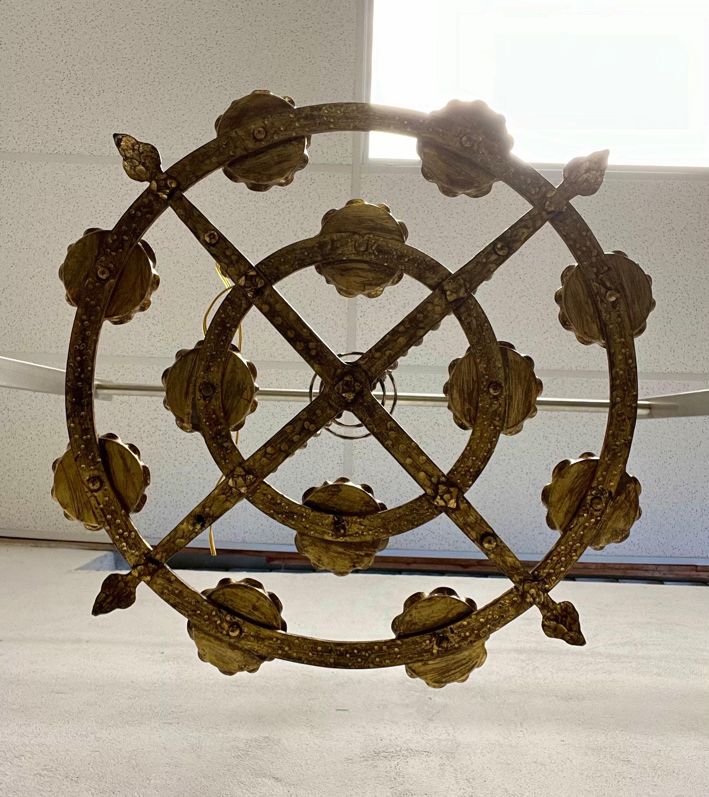 Antique French Brutalist Gilt Forged Iron 12-Light Chandeliers For Sale 4