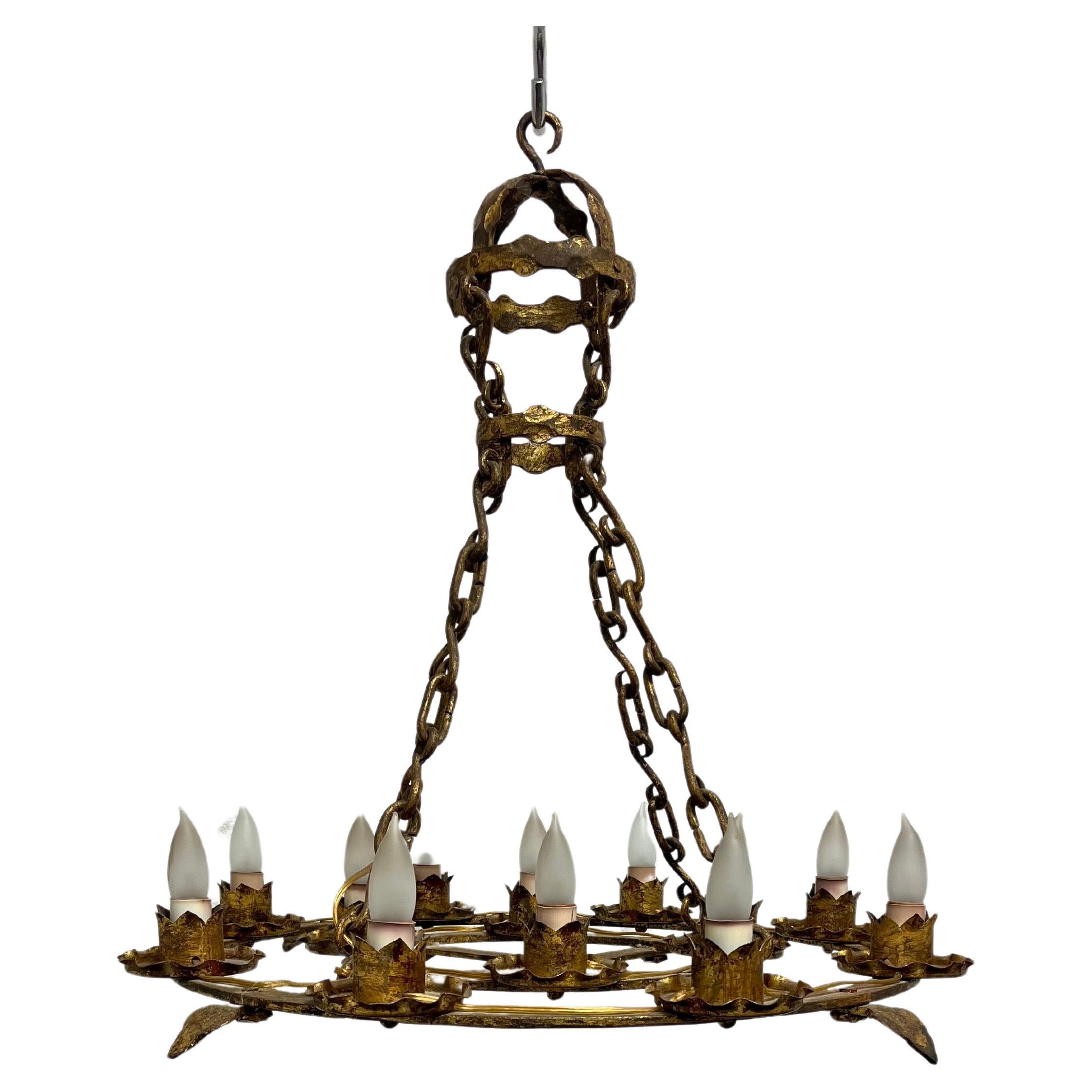 Antique French Brutalist Gilt Forged Iron 12-Light Chandeliers