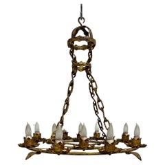 Antique French Brutalist Gilt Forged Iron 12-Light Chandeliers