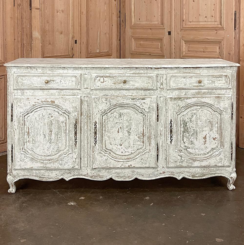Antique French Buffet ~ Enfilade ~ Credenza with Distressed Painted Finish is the perfect choice for the casual decor, and is of a Size that makes it work behind the desk, behind a sofa, in a hallway or of course the dining room. Ideal as a platform
