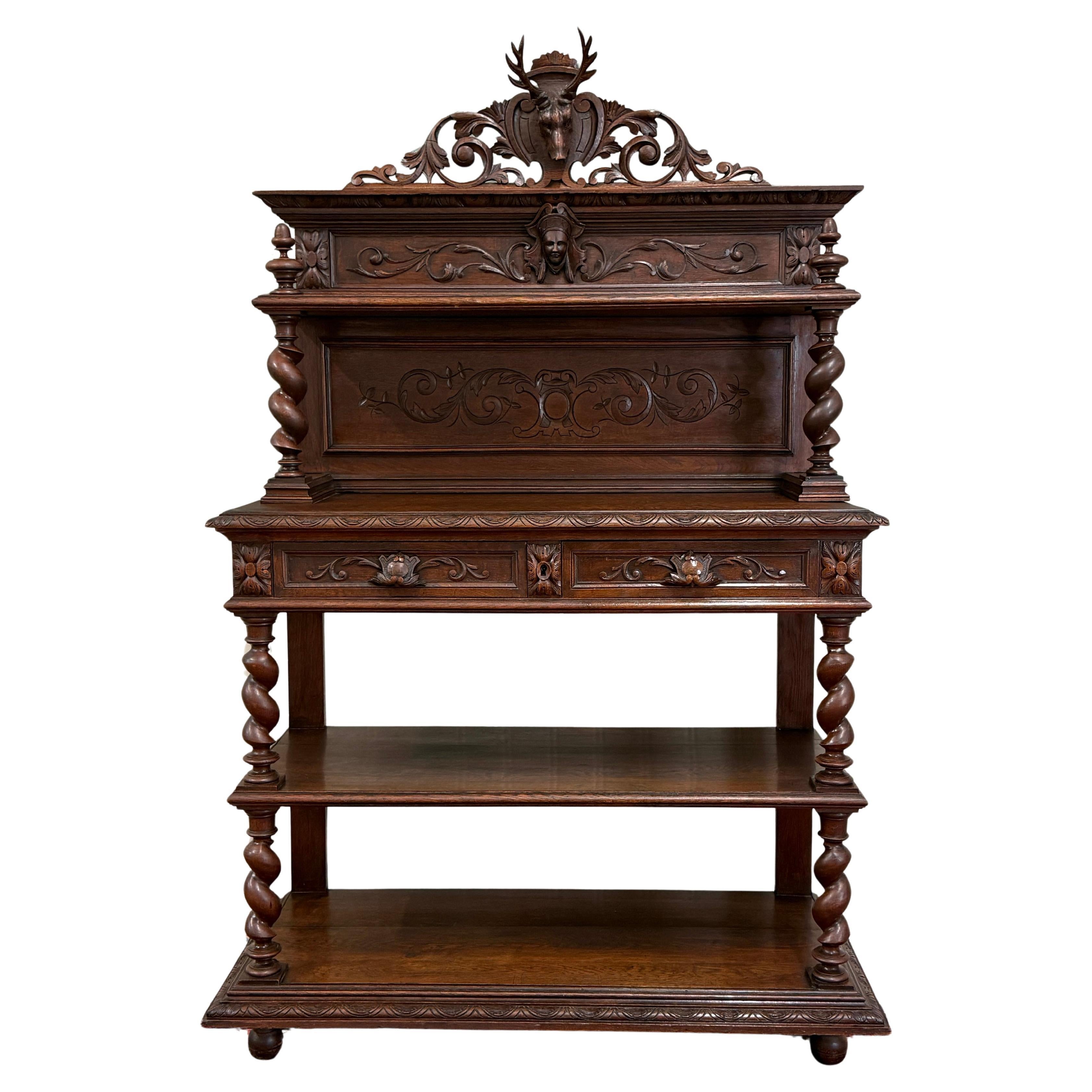Antique French Buffet Server Sideboard Barley Twist Dark Oak Cassetti a 4 livelli 19C in vendita