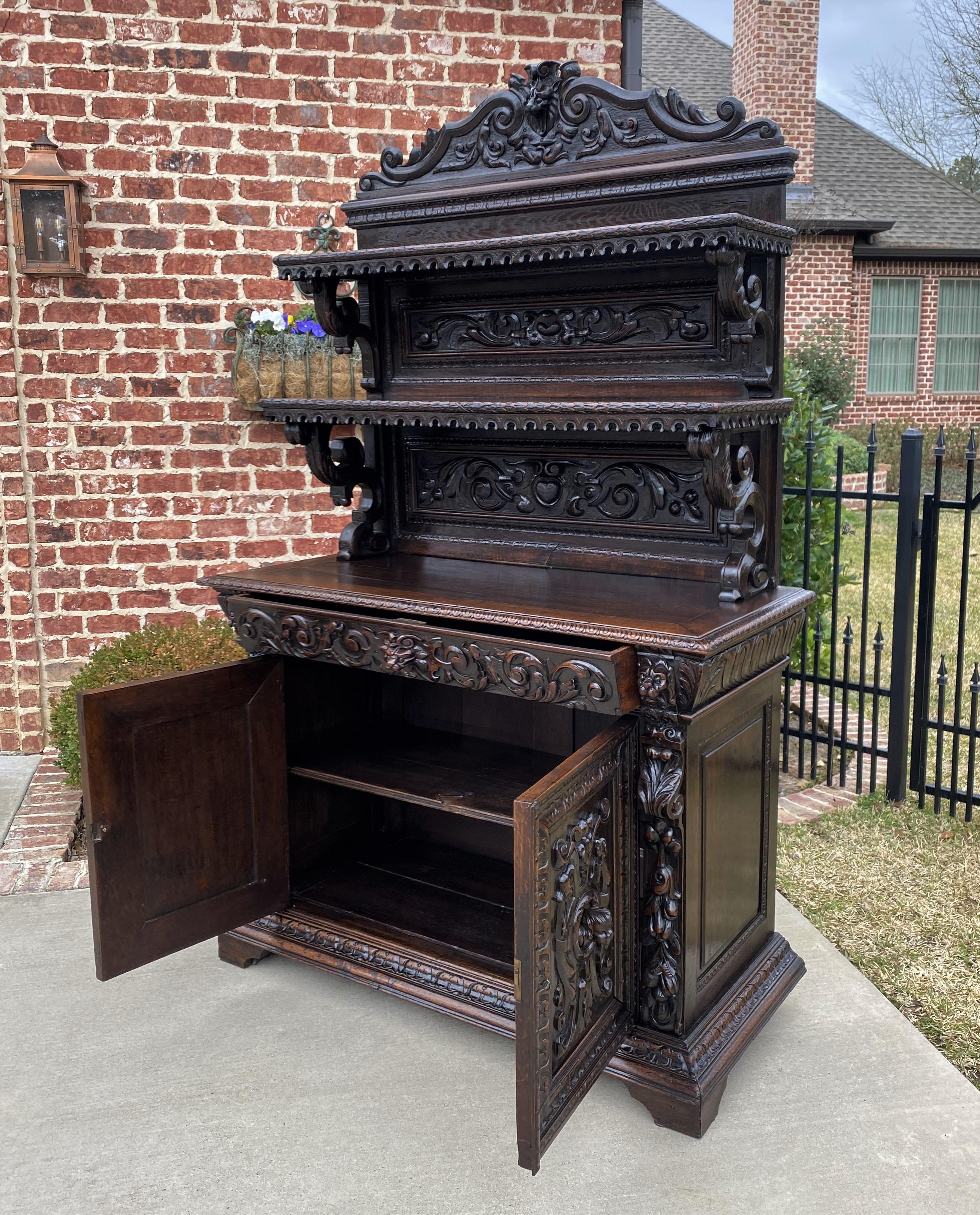 Oak Antique French Buffet Sideboard Cabinet Server Renaissance Revival Vaisselier For Sale