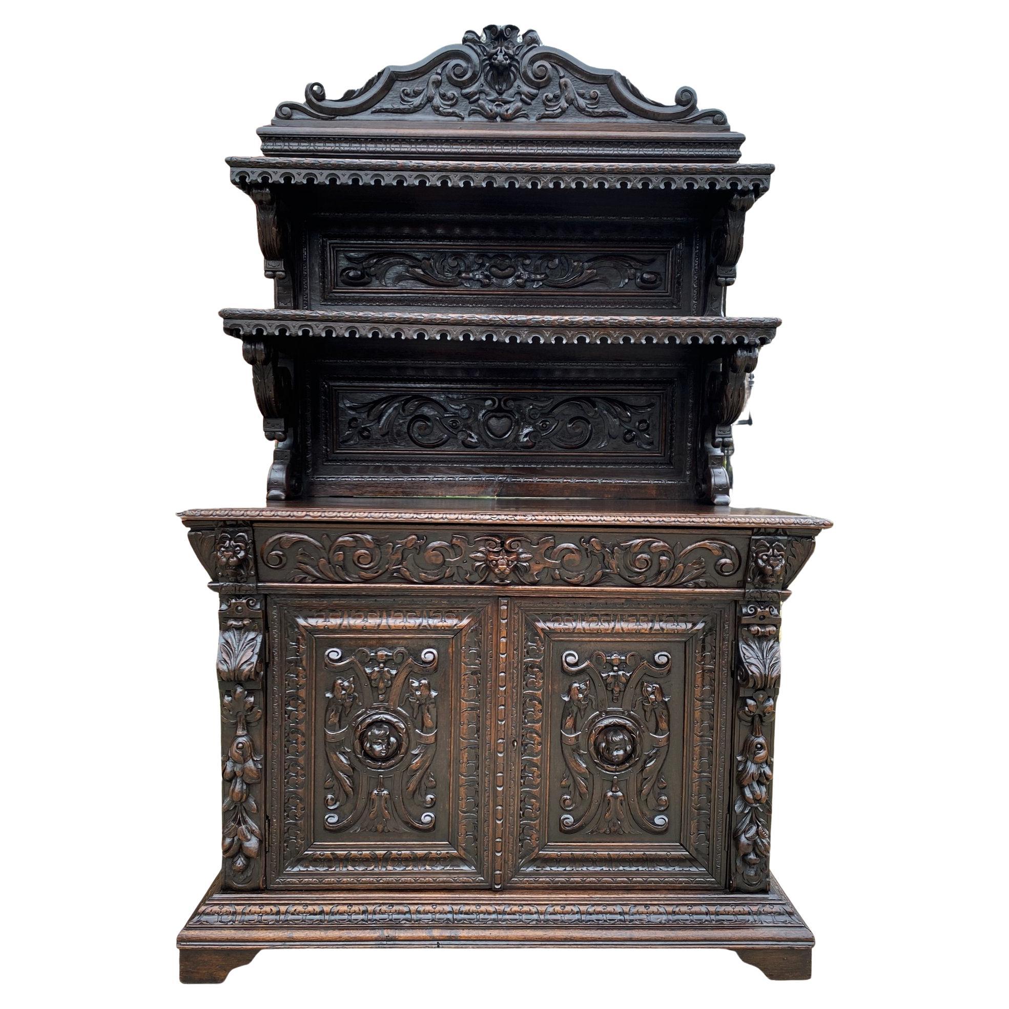 Antique French Buffet Sideboard Cabinet Server Renaissance Revival Vaisselier For Sale
