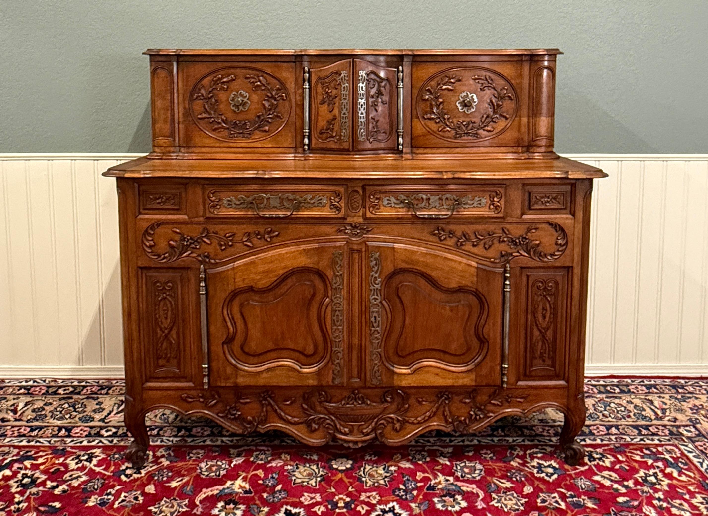 EXQUISITE Antique French Carved Pegged Oak Buffet, Sideboard, or Server with Panetiere Top~~

HIGHLY CARVED antique French oak buffet, sideboard or server with sliding door panetiere top~~fine brass hardware throughout~~GORGEOUS statement piece~~a