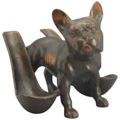 Antique French Bulldog Figural Dog Bronze Pipe Holder Stand Statue Sculpture