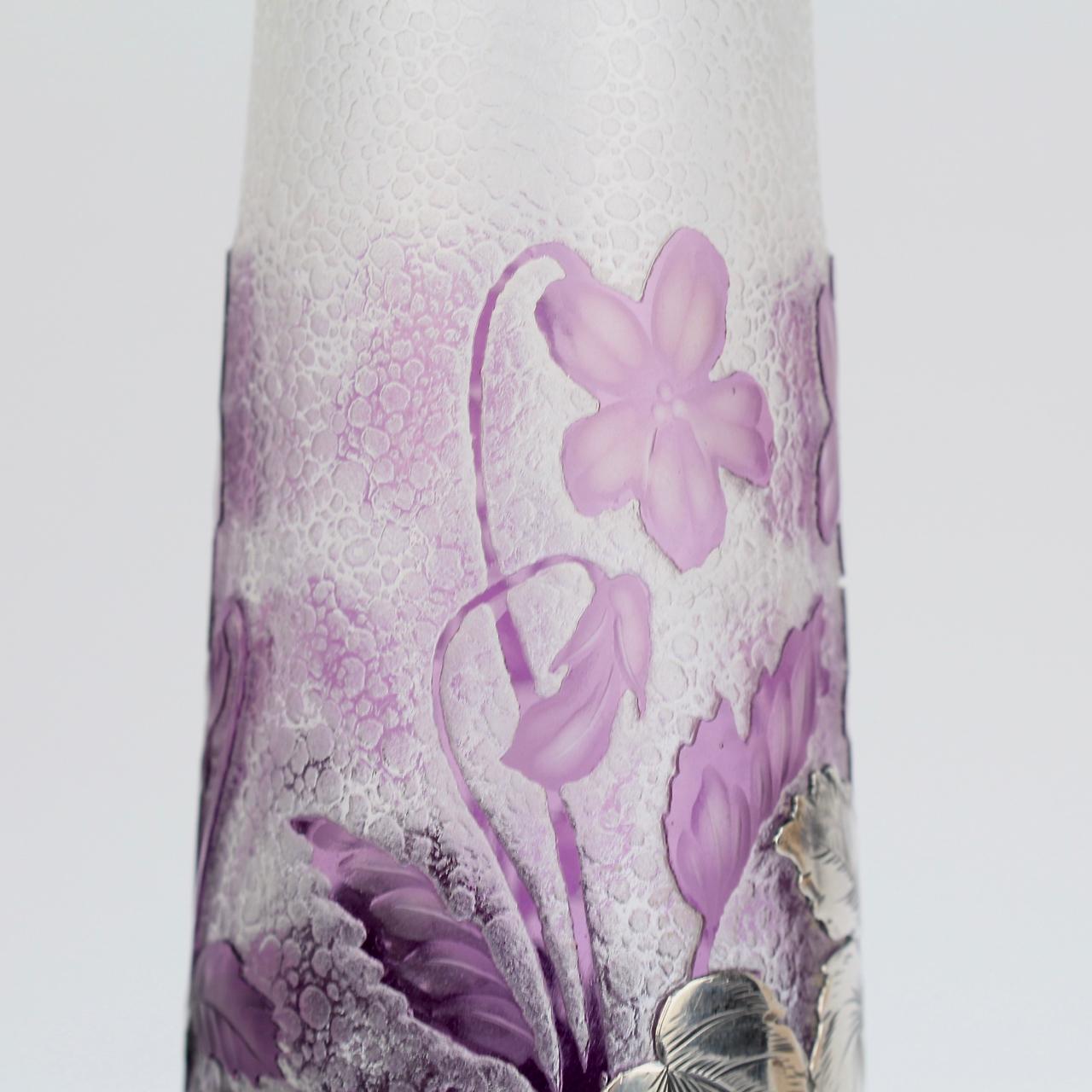 Antique French Burgun & Schwerer Silver Overlay Purple Art Glass Cameo Vase 5