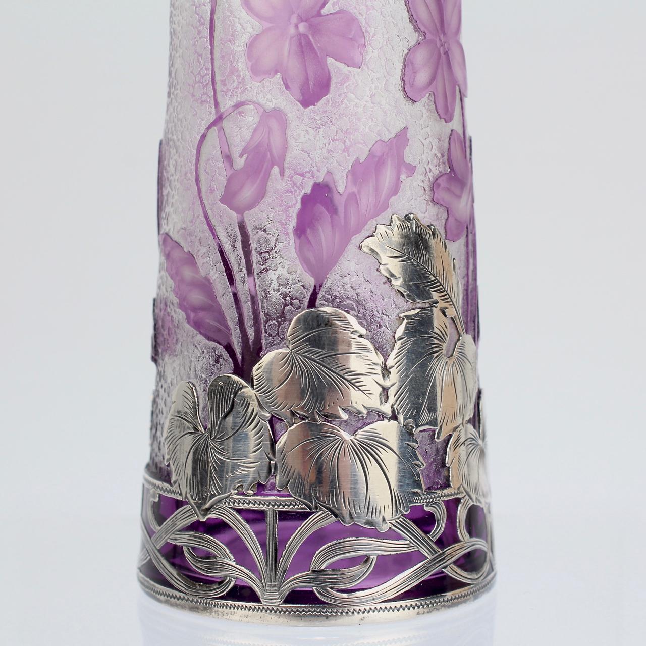 Antique French Burgun & Schwerer Silver Overlay Purple Art Glass Cameo Vase 6